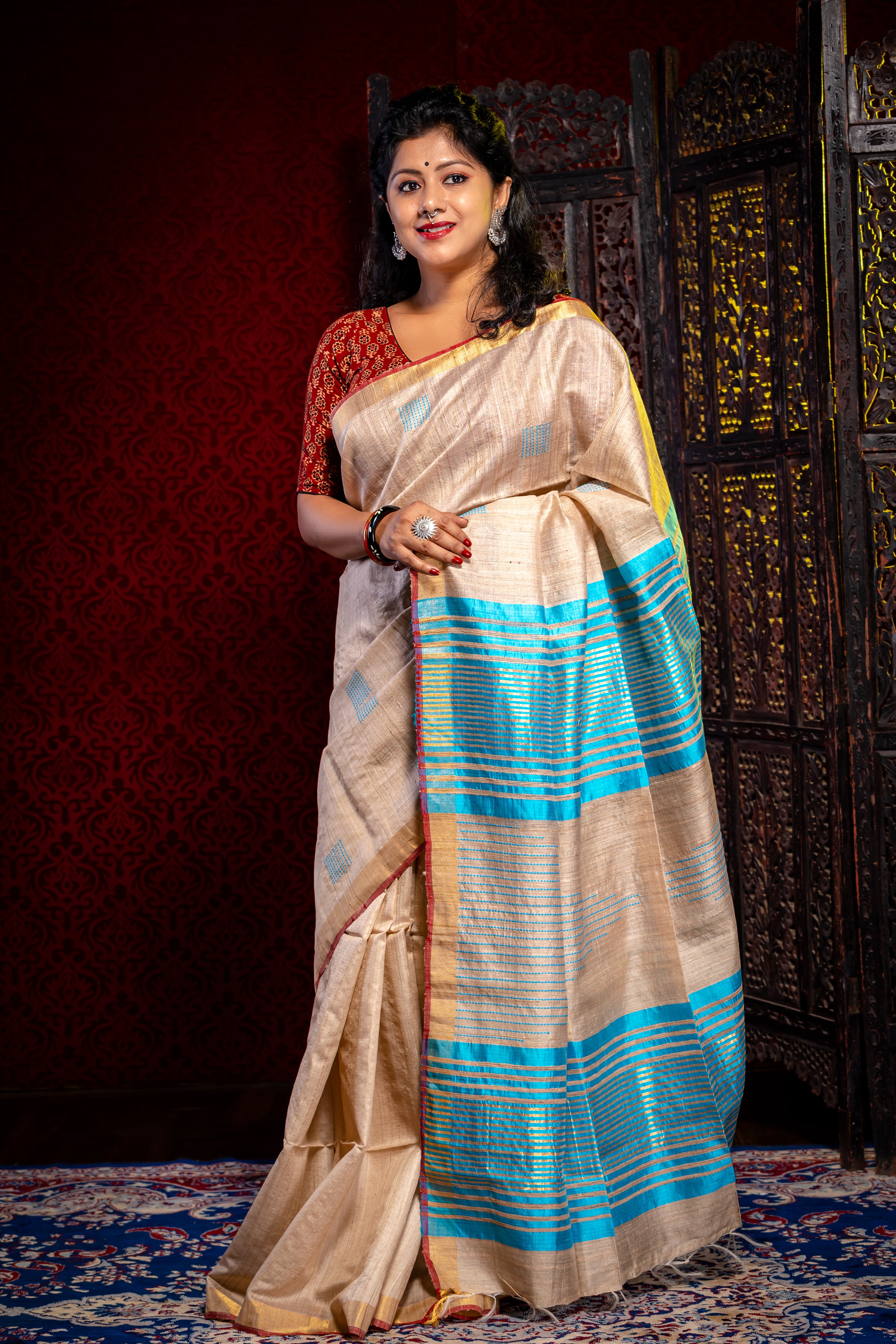 Ivory With blue Tussar Saree - Aankona