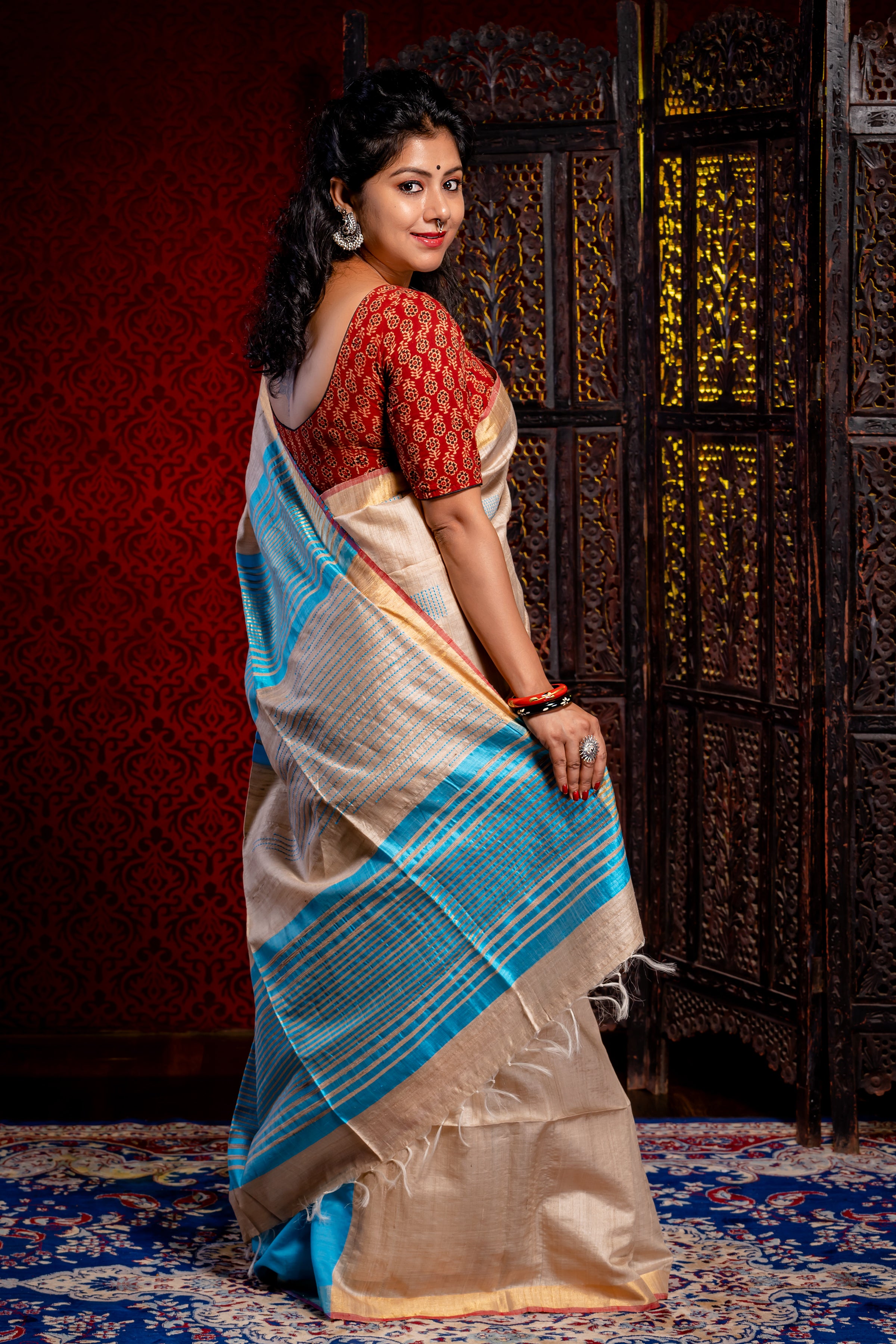 Ivory With blue Tussar Saree - Aankona