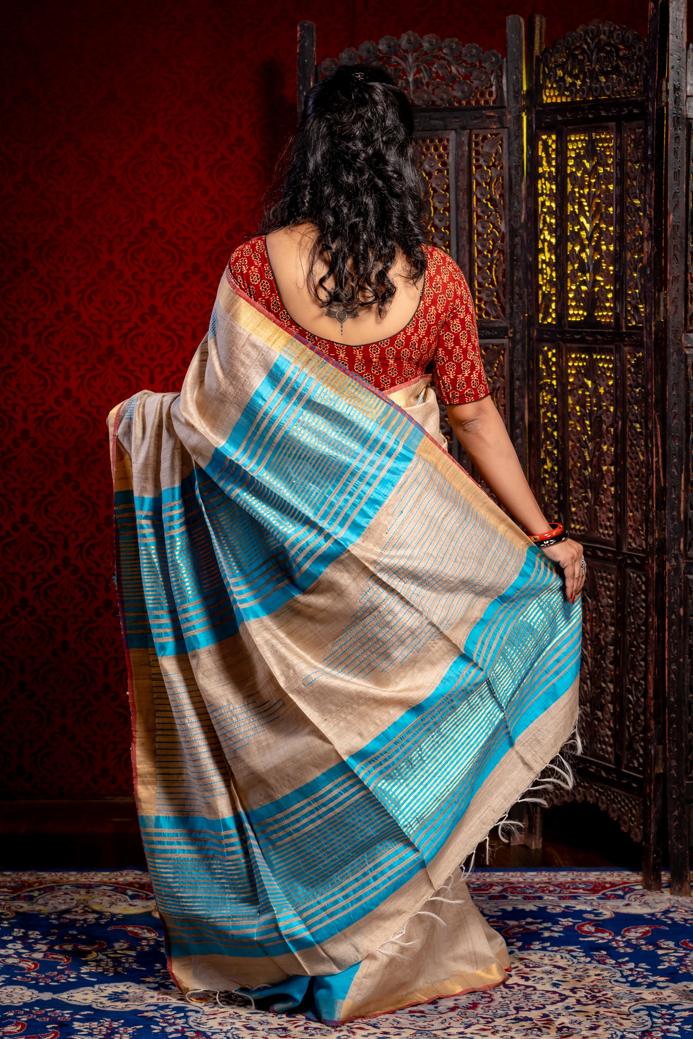 Ivory With blue Tussar Saree - Aankona