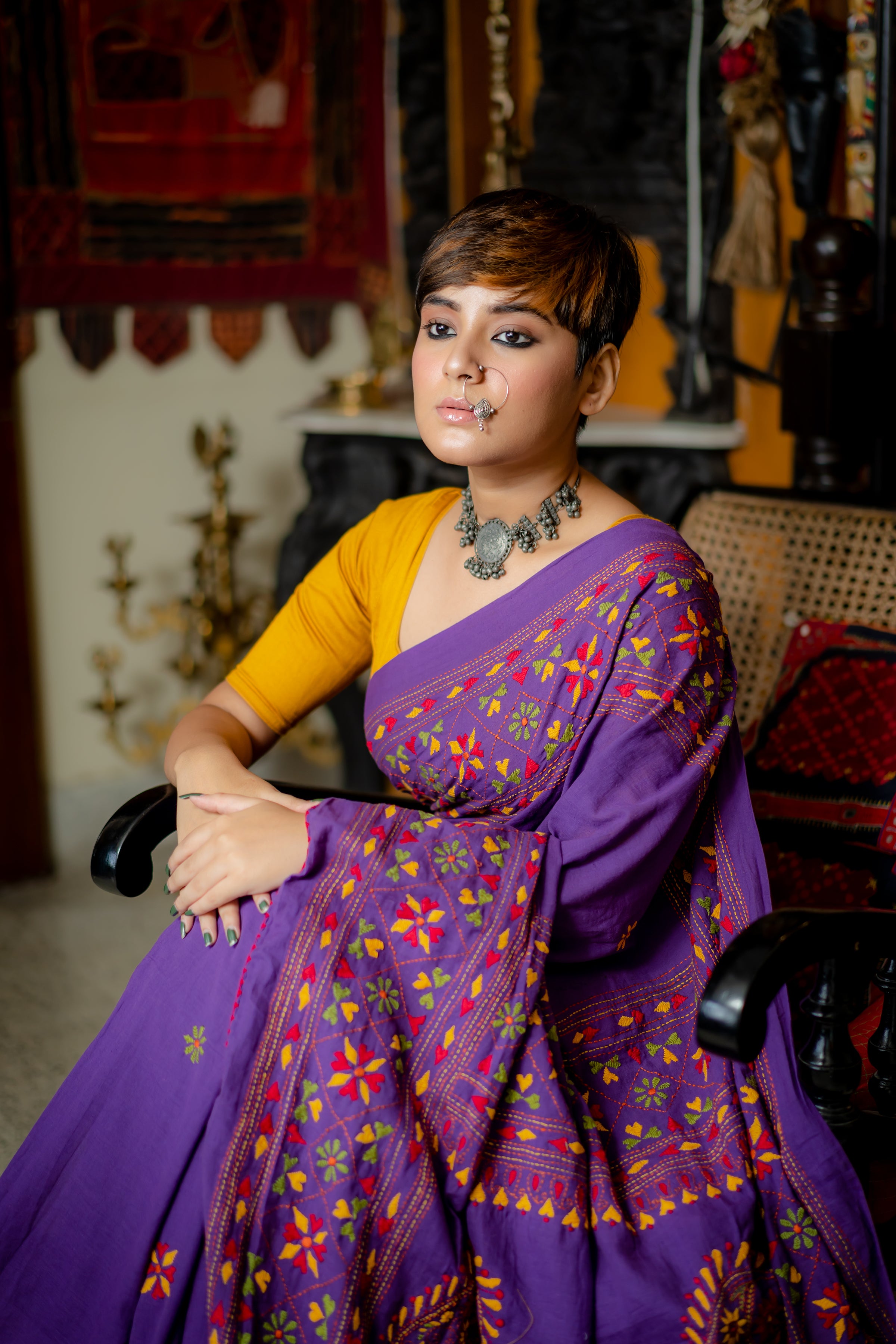 Purple Cotton Kantha Saree