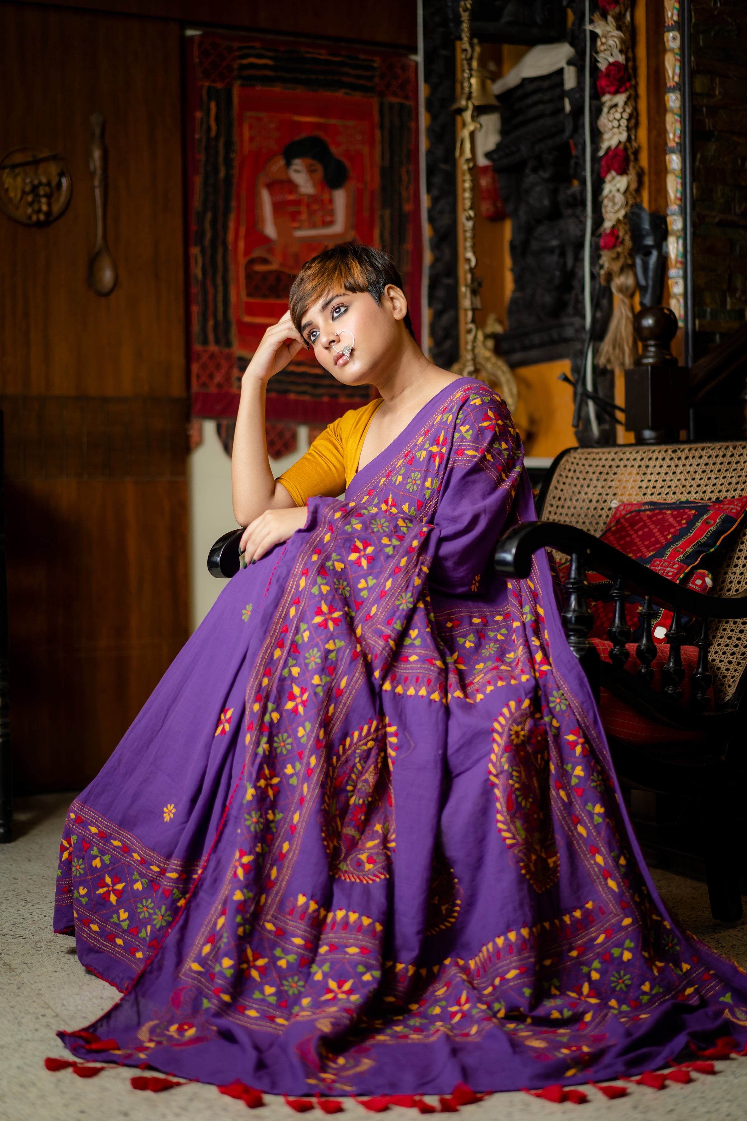 Handwoven Purple Cotton Saree With Kantha Work