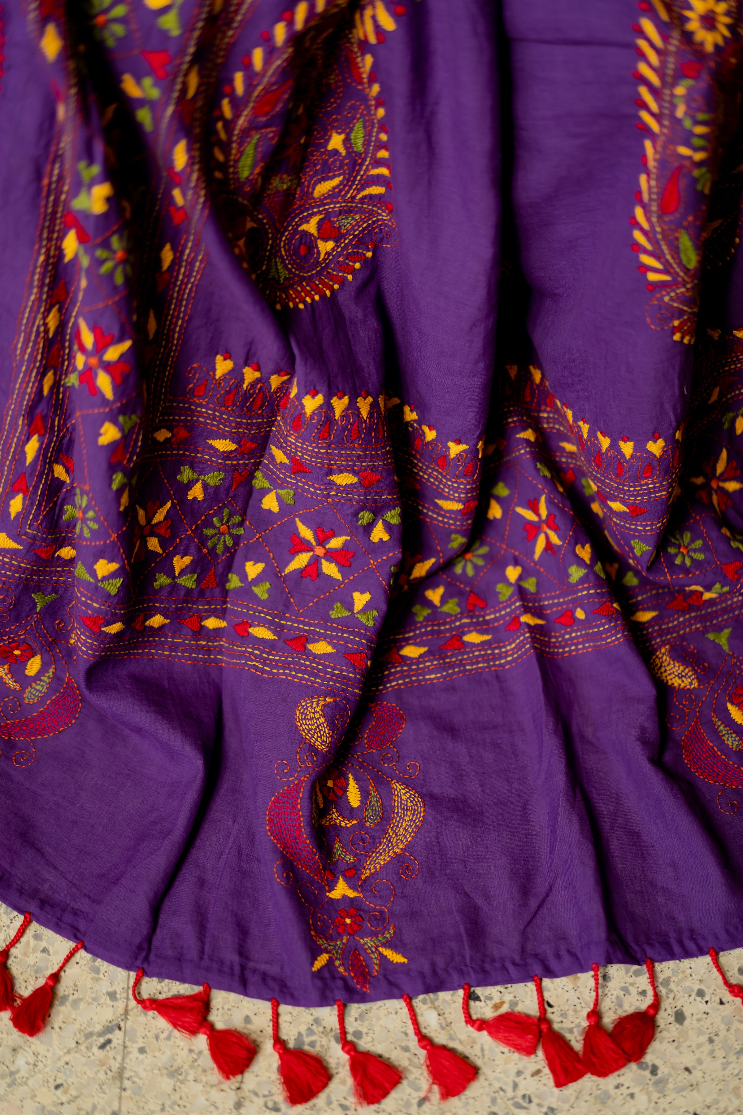 Handwoven purple Cotton saree with kantha work