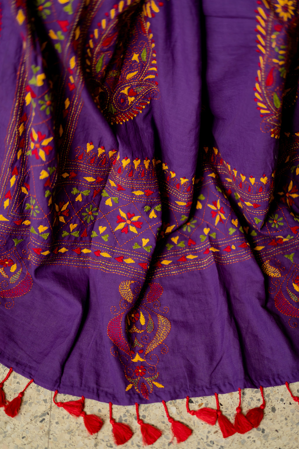 Handwoven Purple Cotton Saree With Kantha Work