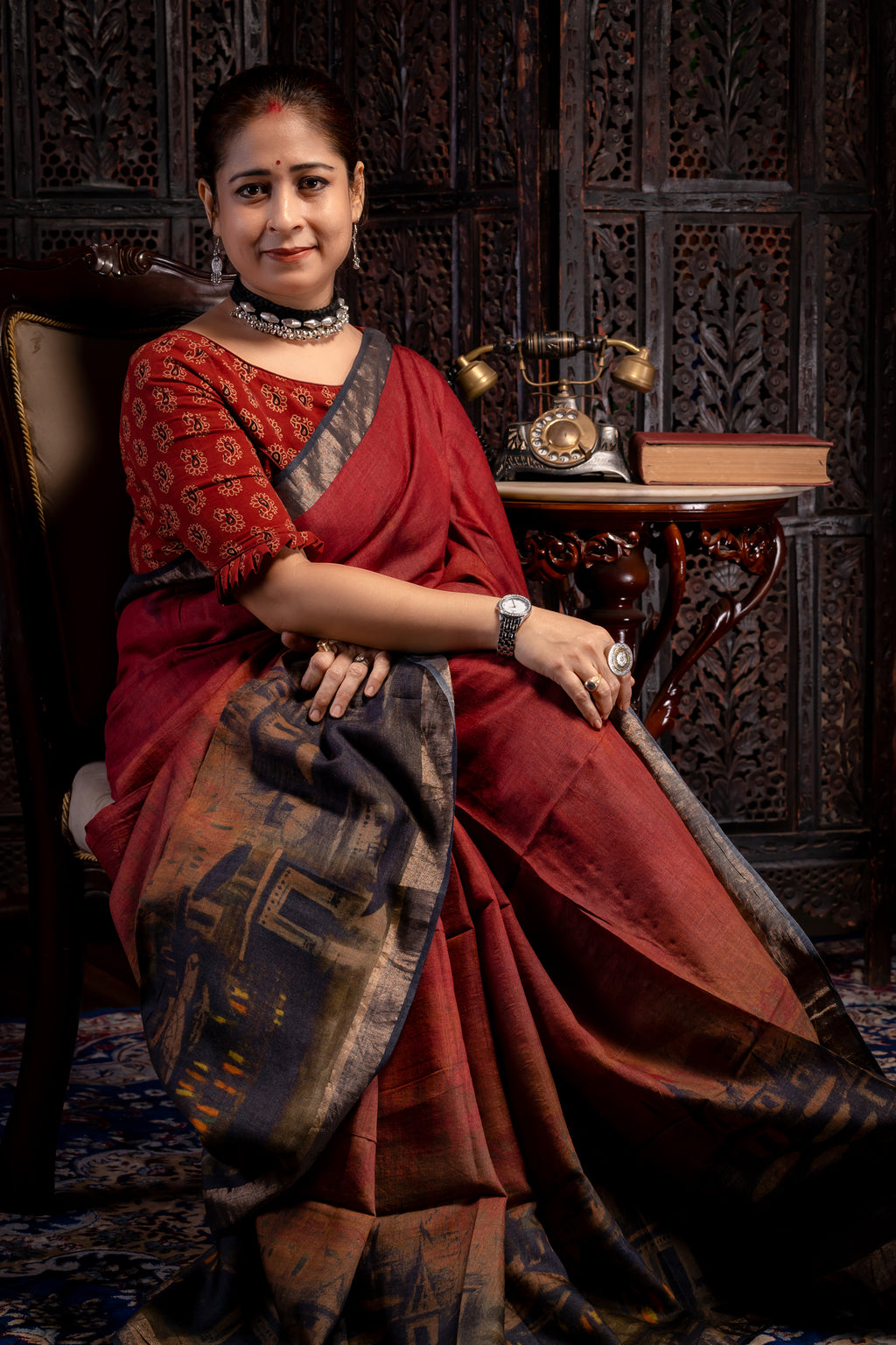 Maroon Tussar Saree - Aankona