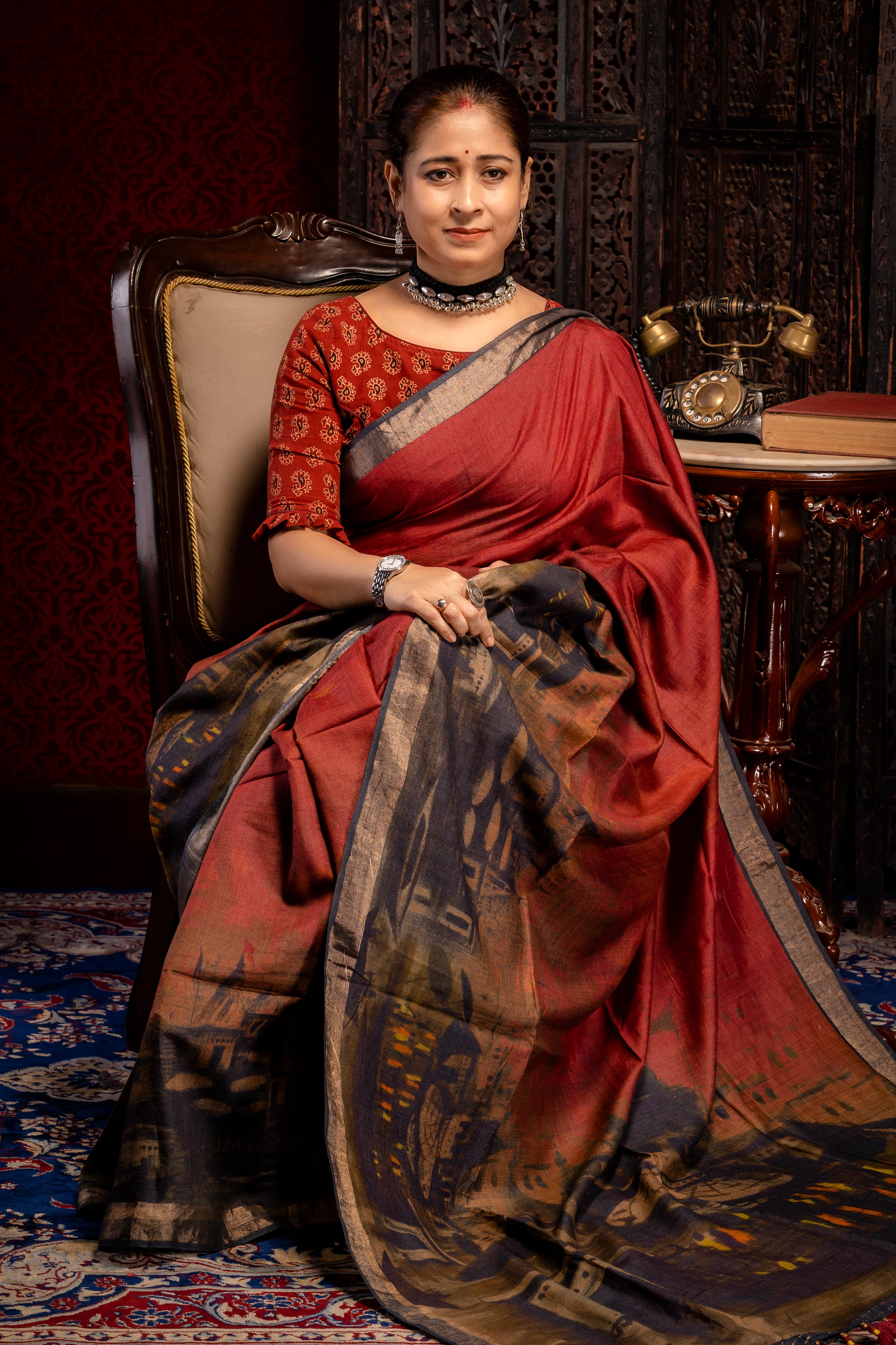 Maroon Tussar Saree - Aankona