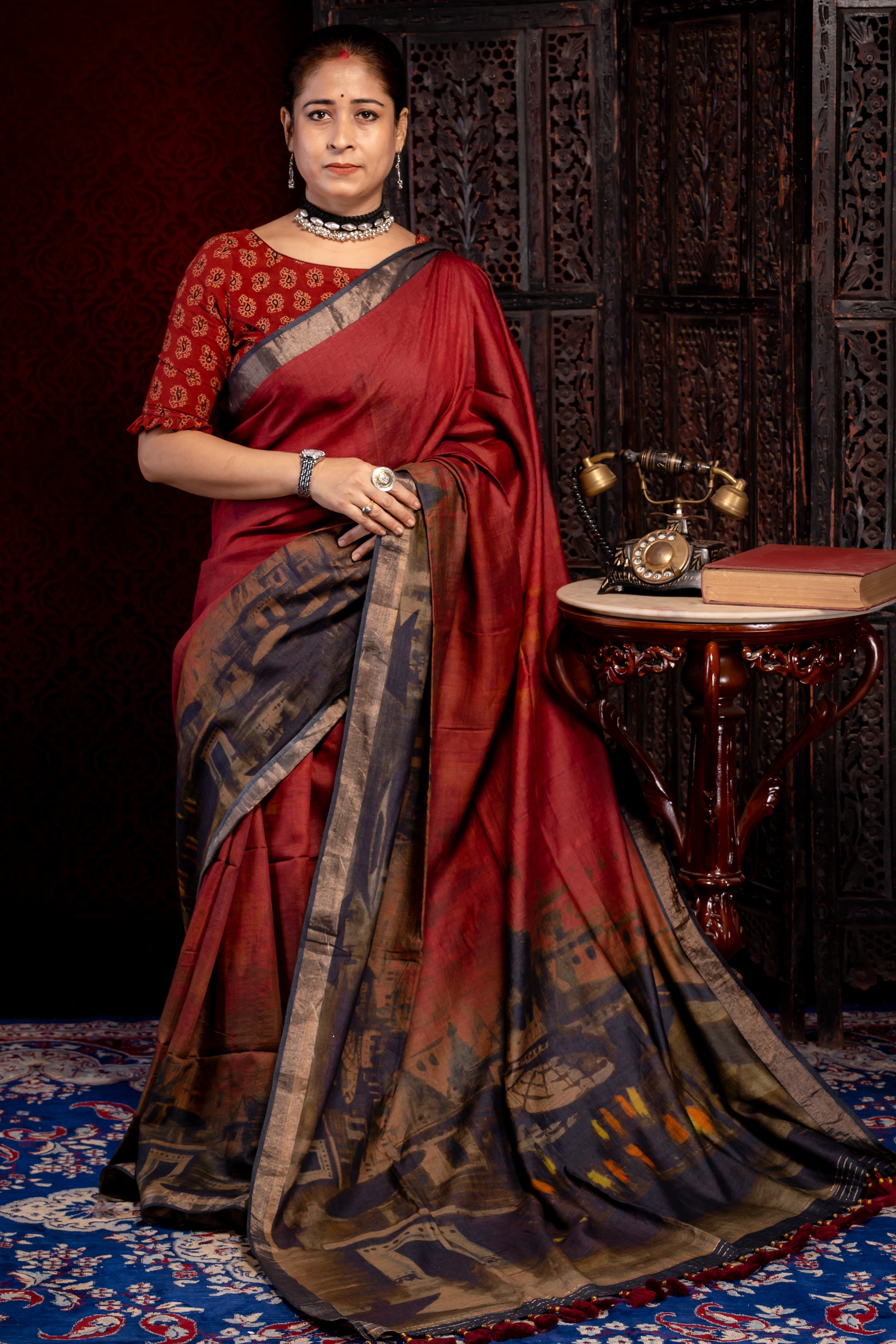Maroon Tussar Saree - Aankona