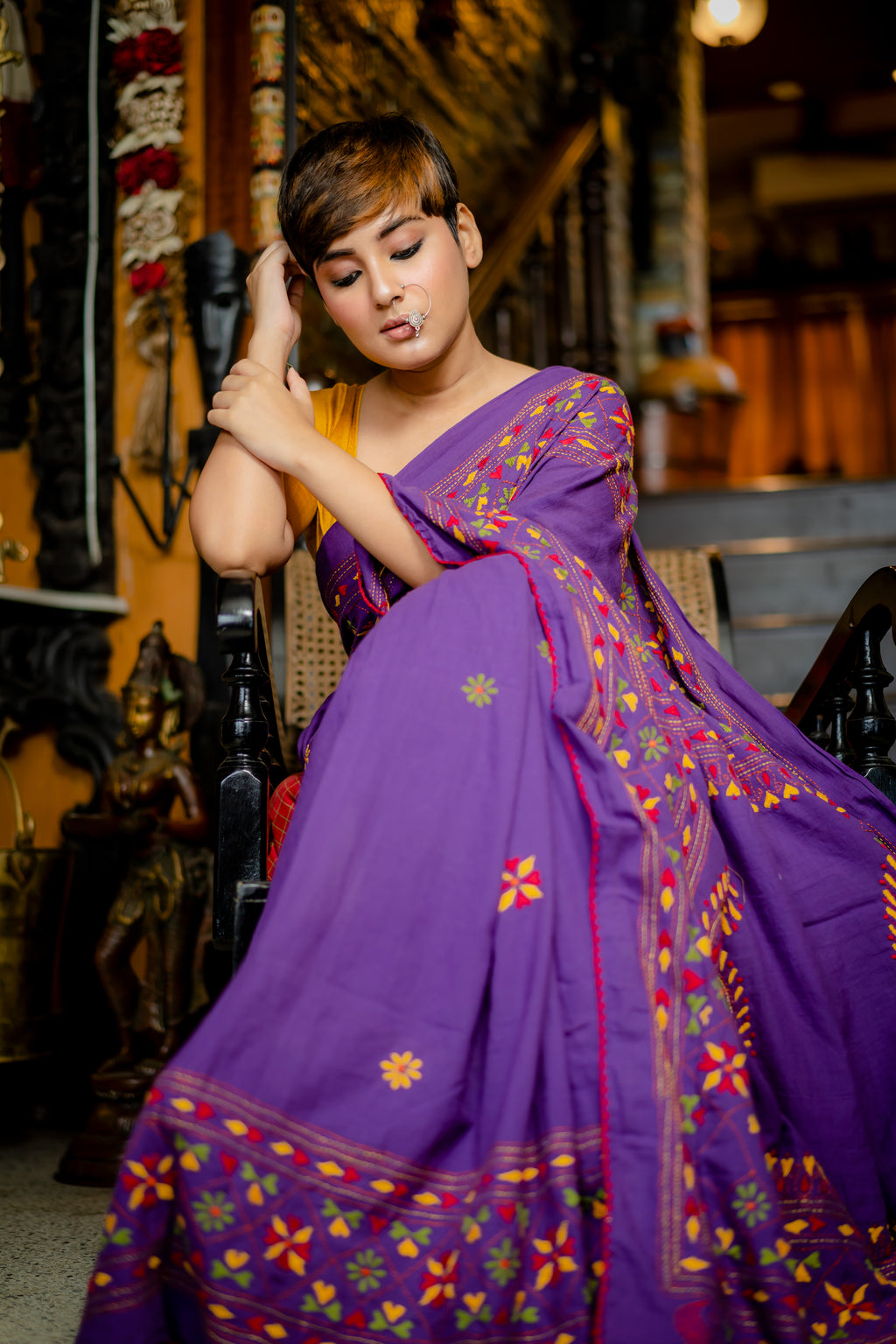 Handwoven Purple Cotton Saree With Kantha Work