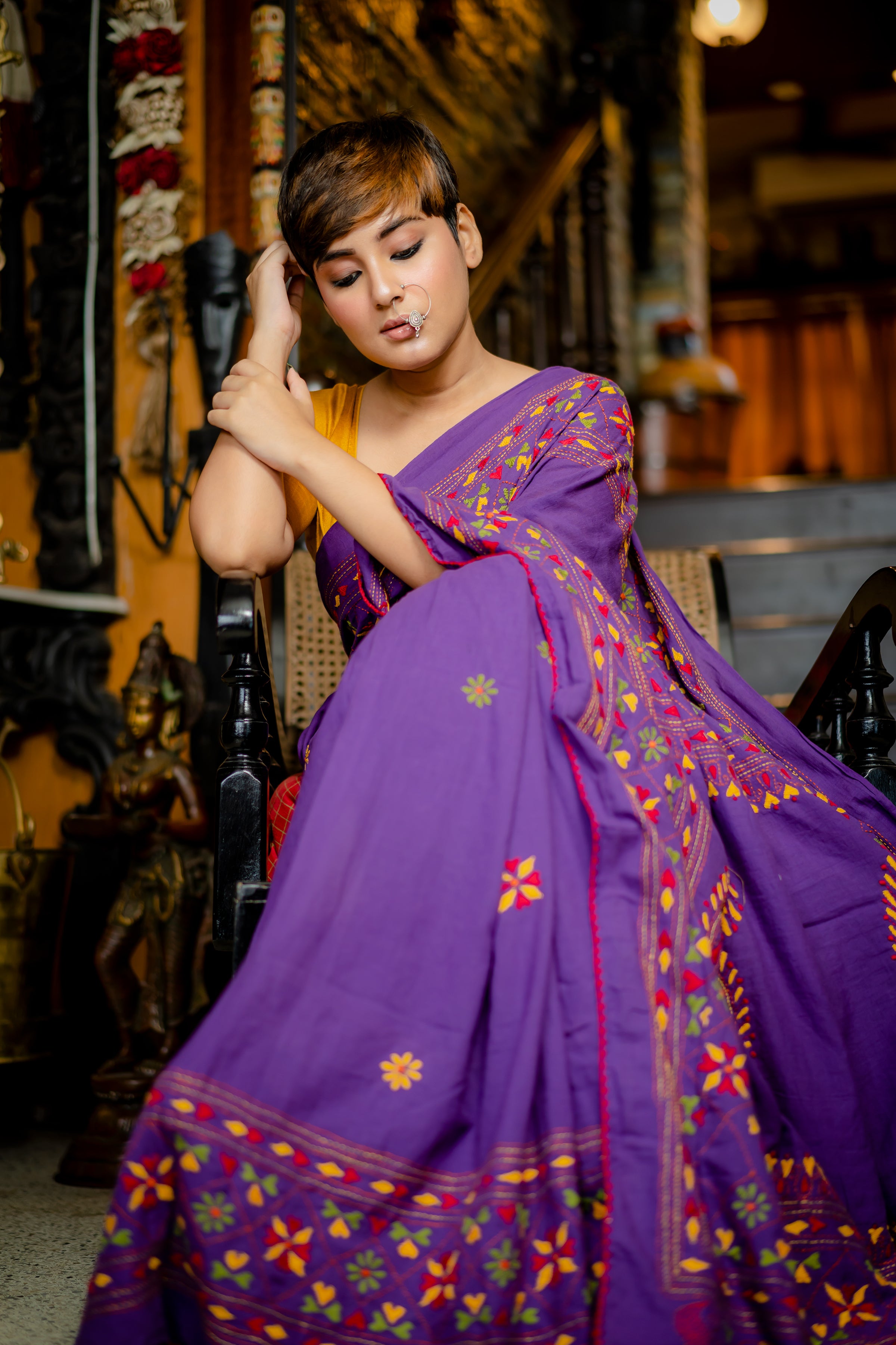 Handwoven Purple Cotton Saree With Kantha Work