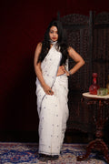 Handwoven White Cotton Jamdani Saree With Kantha Work