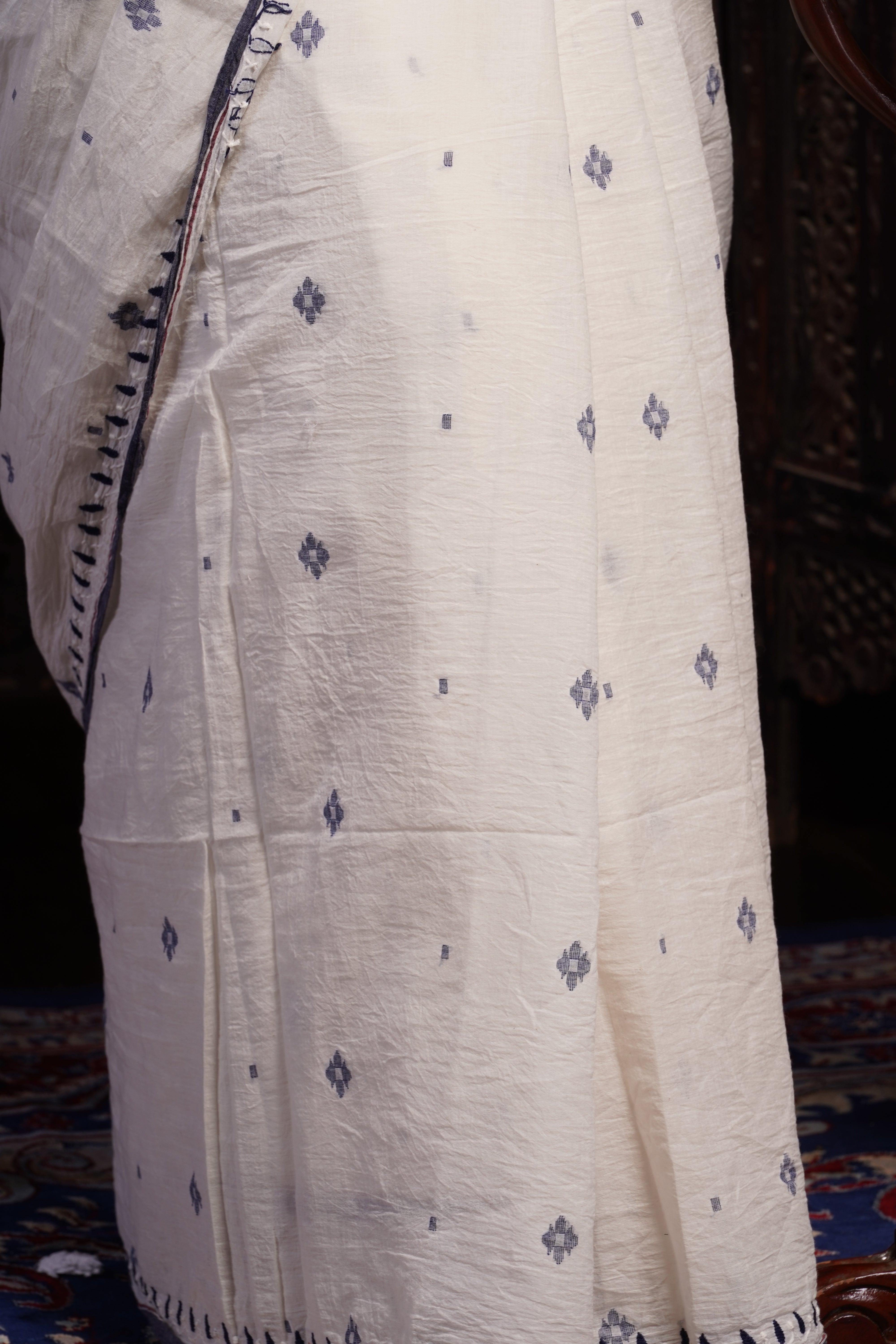 Sari Jamdani de algodón blanco con trabajo Kantha