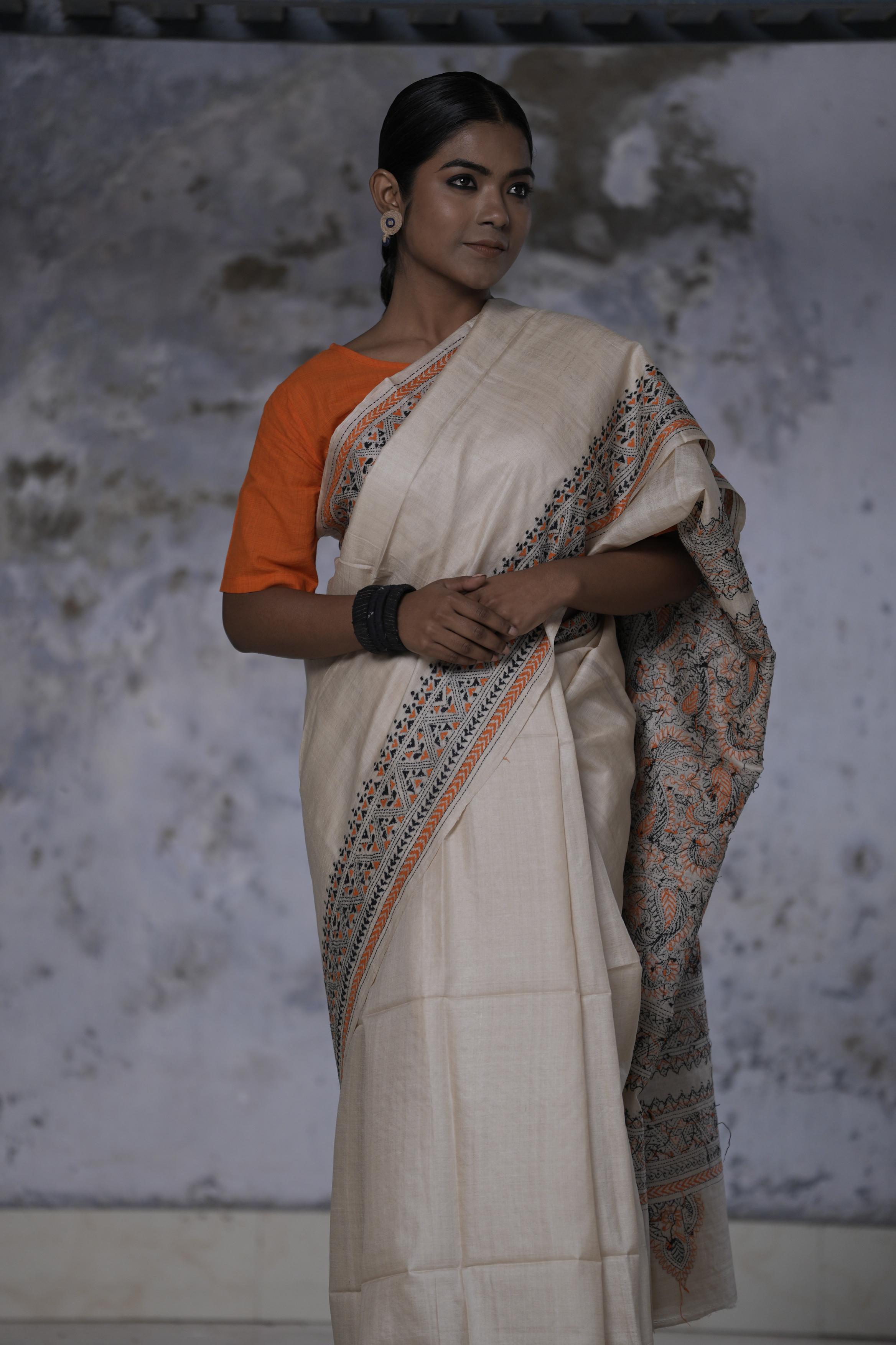 Handwoven pure Tussar saree with Kantha embroidery