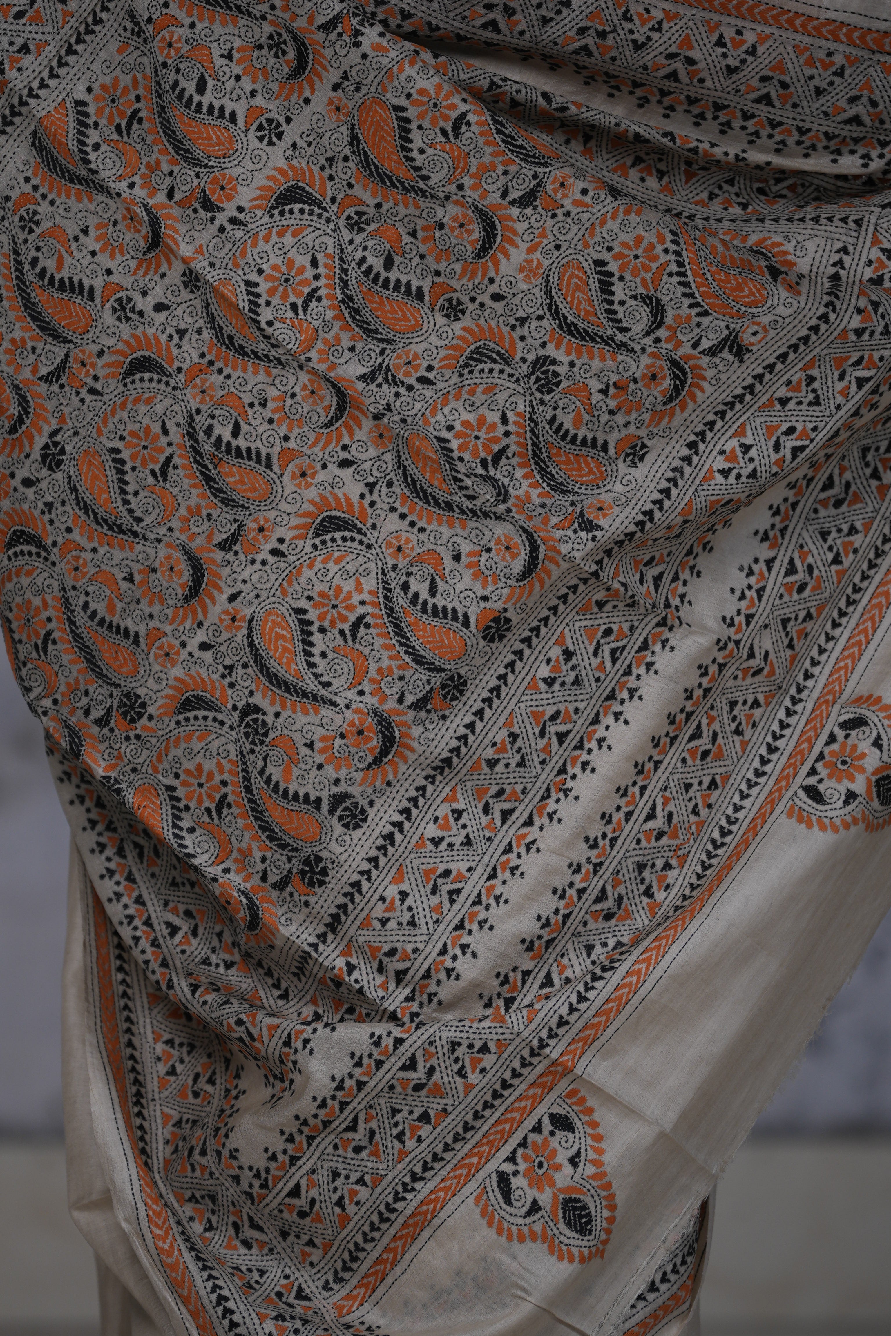 Handwoven Pure Tussar Saree With Kantha Work