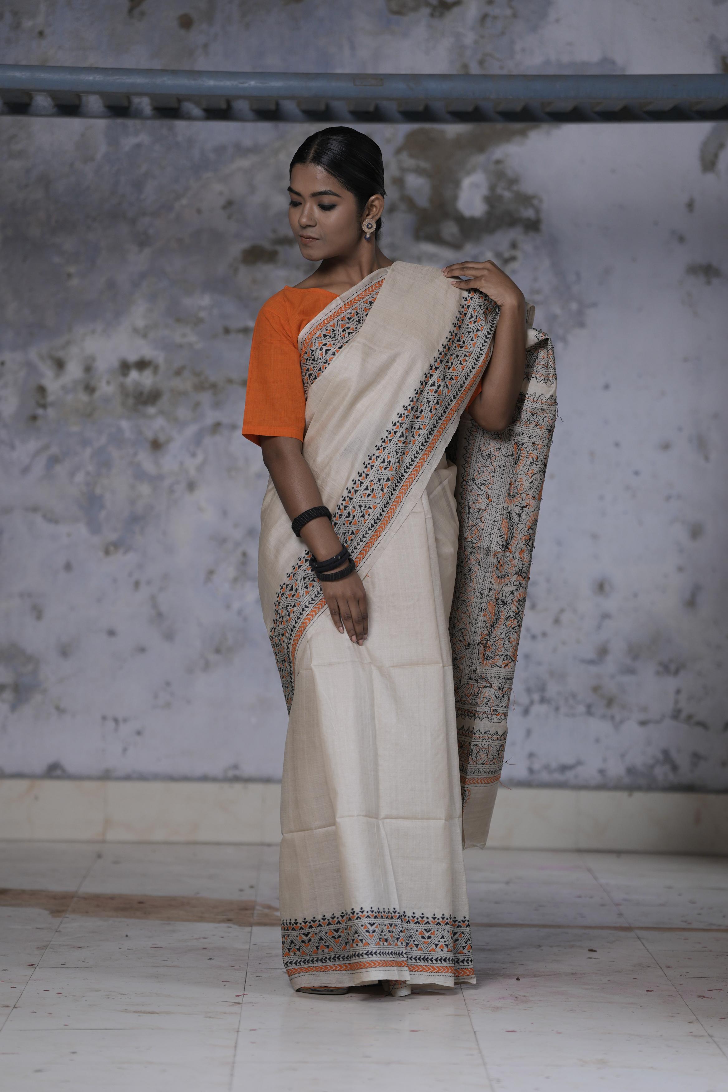 Handwoven Pure Tussar Saree With Kantha Work