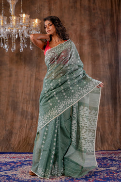 Handwoven light olive dhakai jamdani Saree