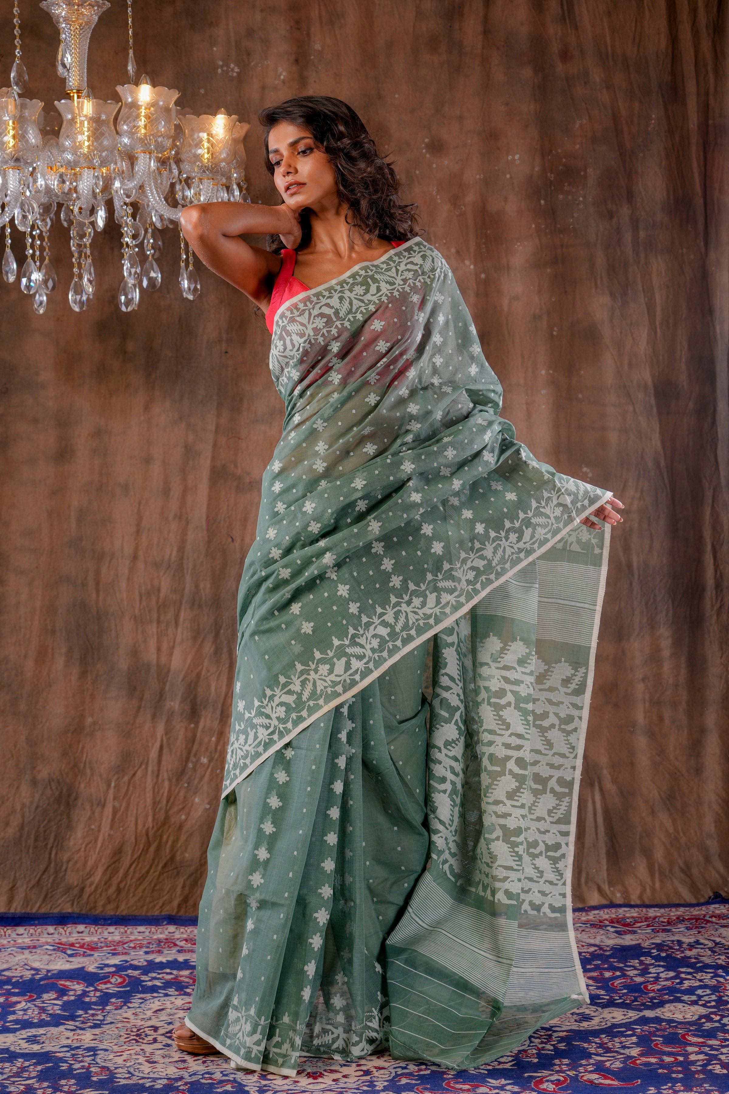 Handwoven Light Olive Dhakai Jamdani Saree