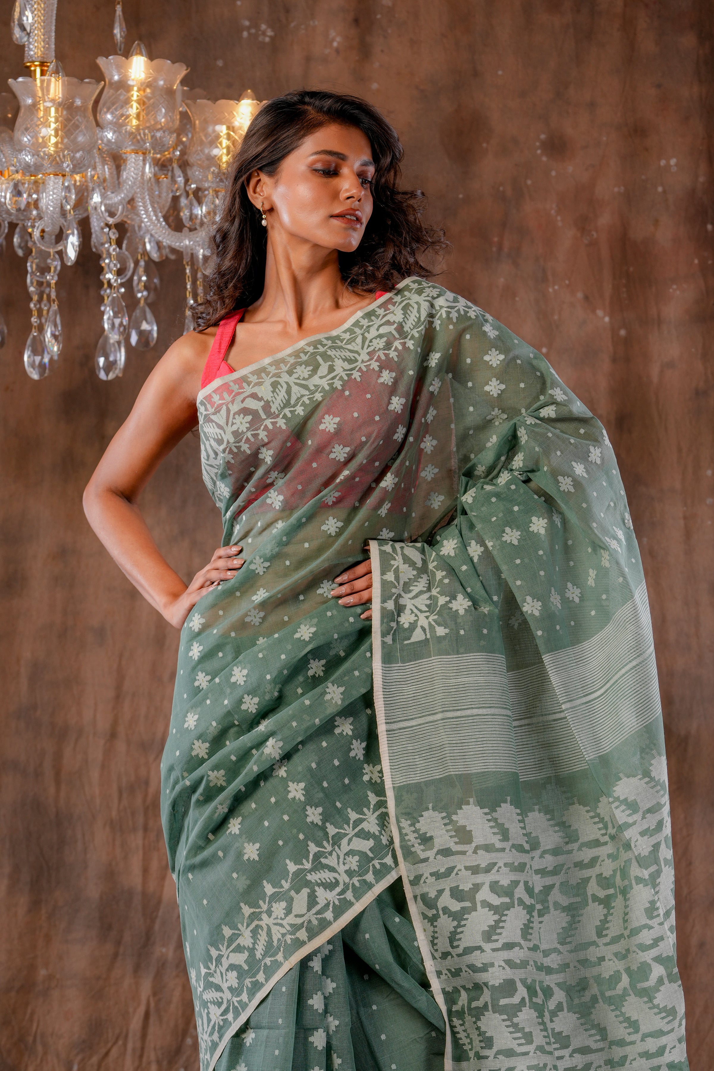 Handwoven Light Olive Dhakai Jamdani Saree
