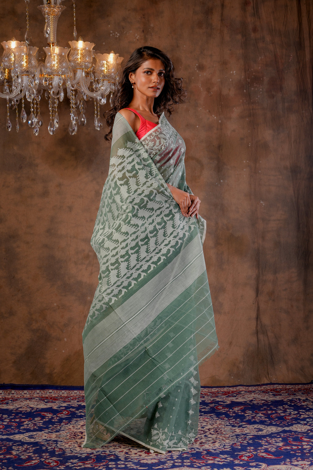 Handwoven Light Olive Dhakai Jamdani Saree