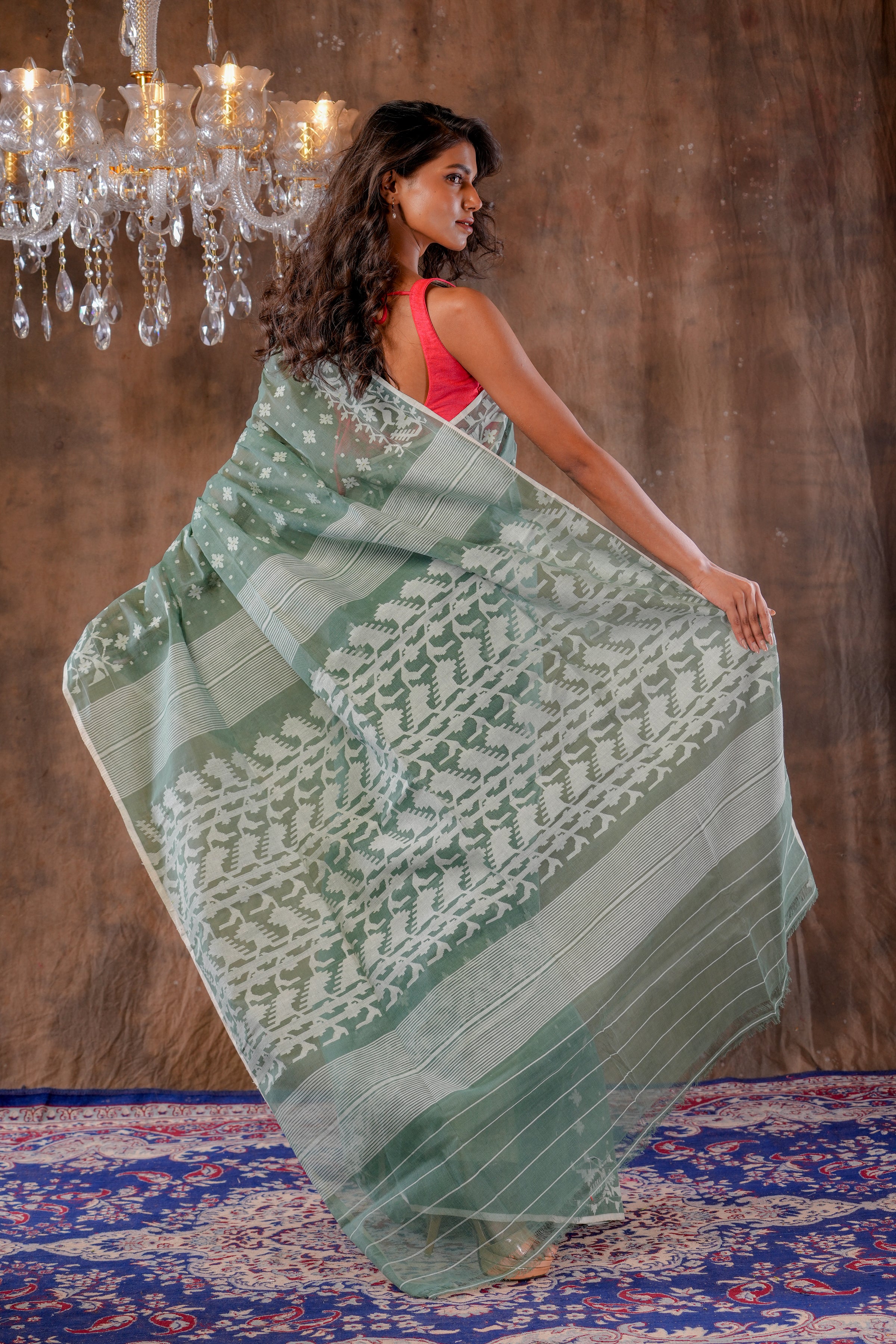 Handwoven Light Olive Dhakai Jamdani Saree