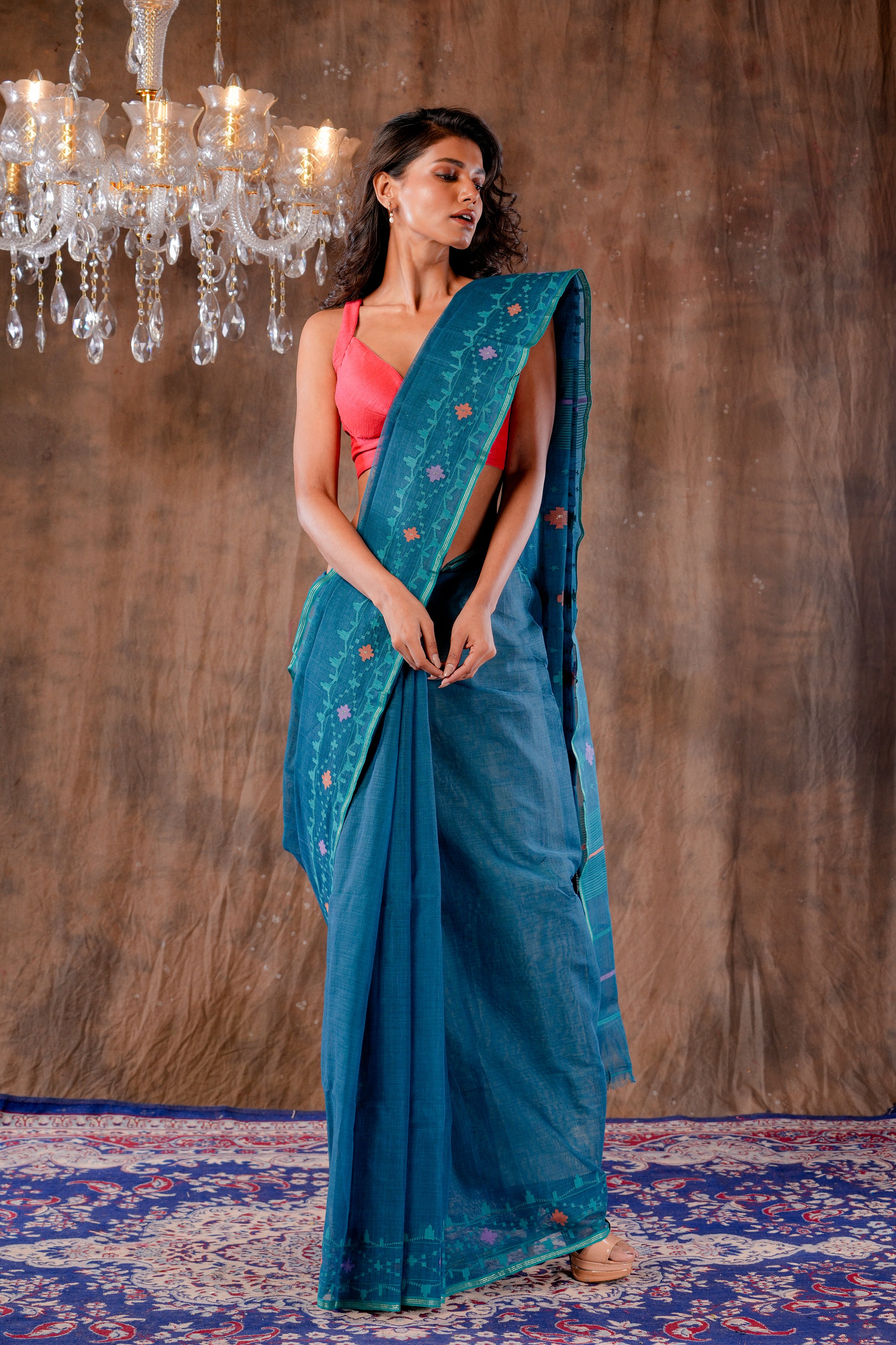 Handwoven green Dhakai jamdani Saree