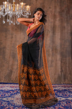 Handwoven Black Dhakai Jamdani With Orange Border Saree