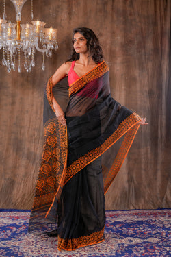 Handwoven Black Dhakai jamdani with orange border saree