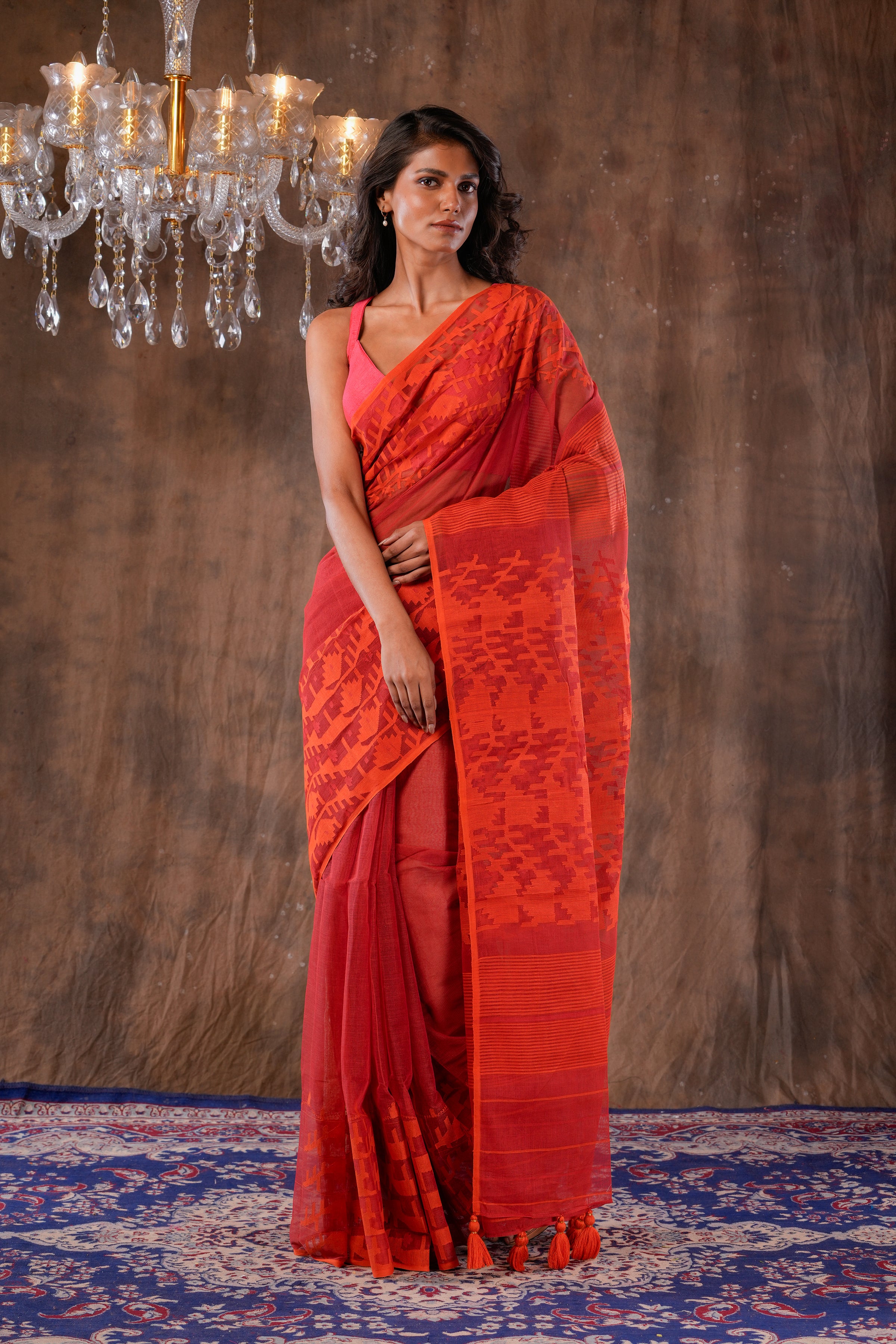 Handwoven Orange Dhakai Jamdani Saree