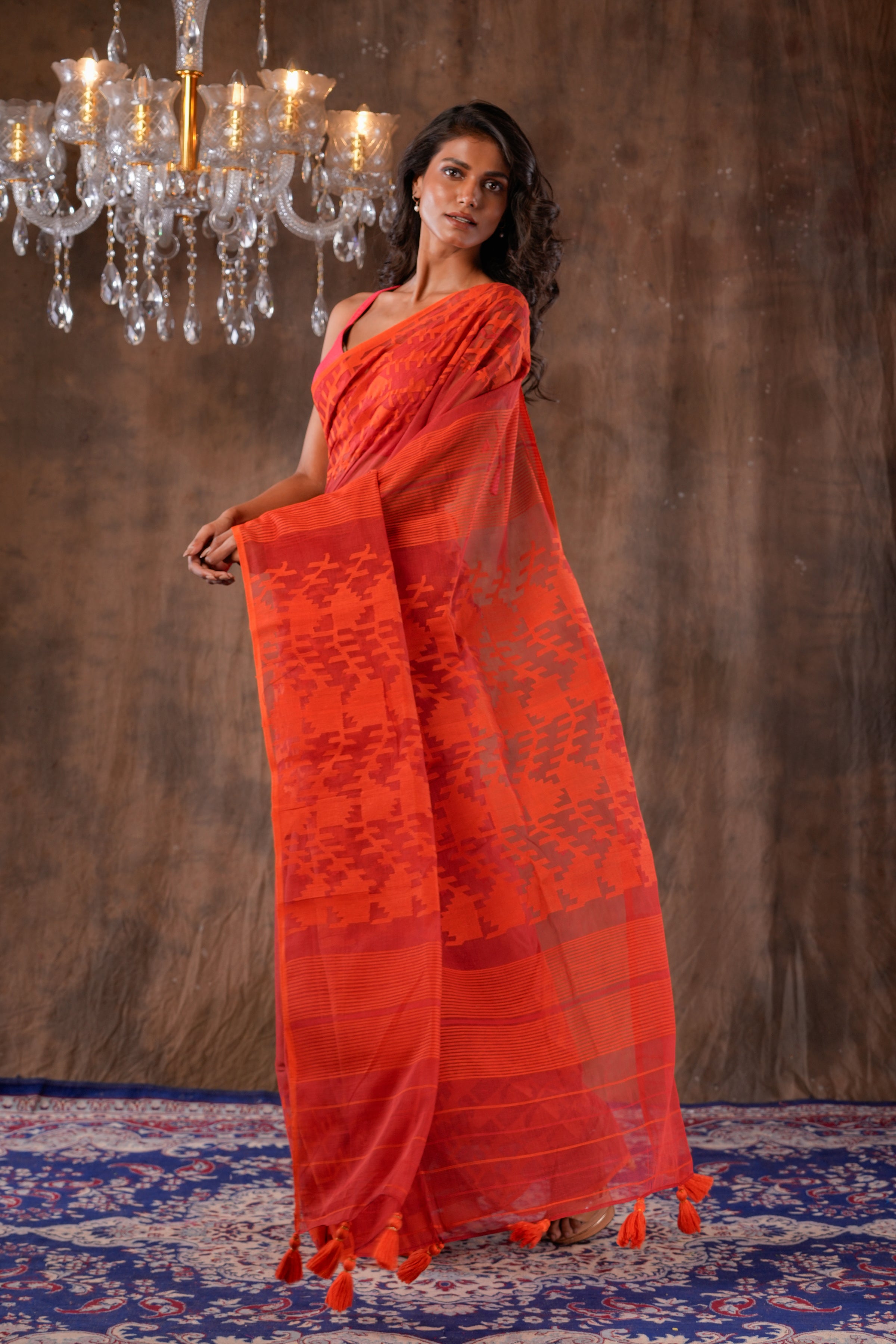 Handwoven Orange Dhakai Jamdani Saree