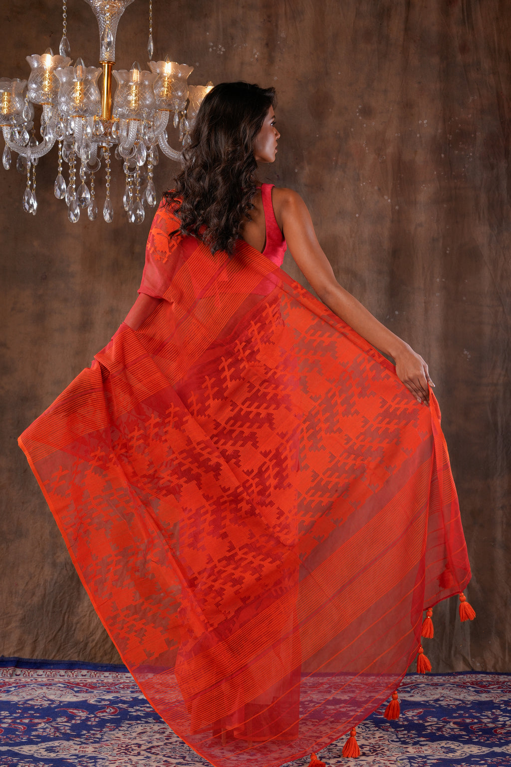 Handwoven Orange Dhakai Jamdani Saree