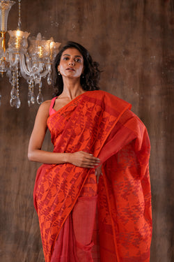 Handwoven Orange Dhakai jamdani Saree