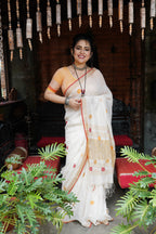 White linen Saree with Niddle work - Aankona