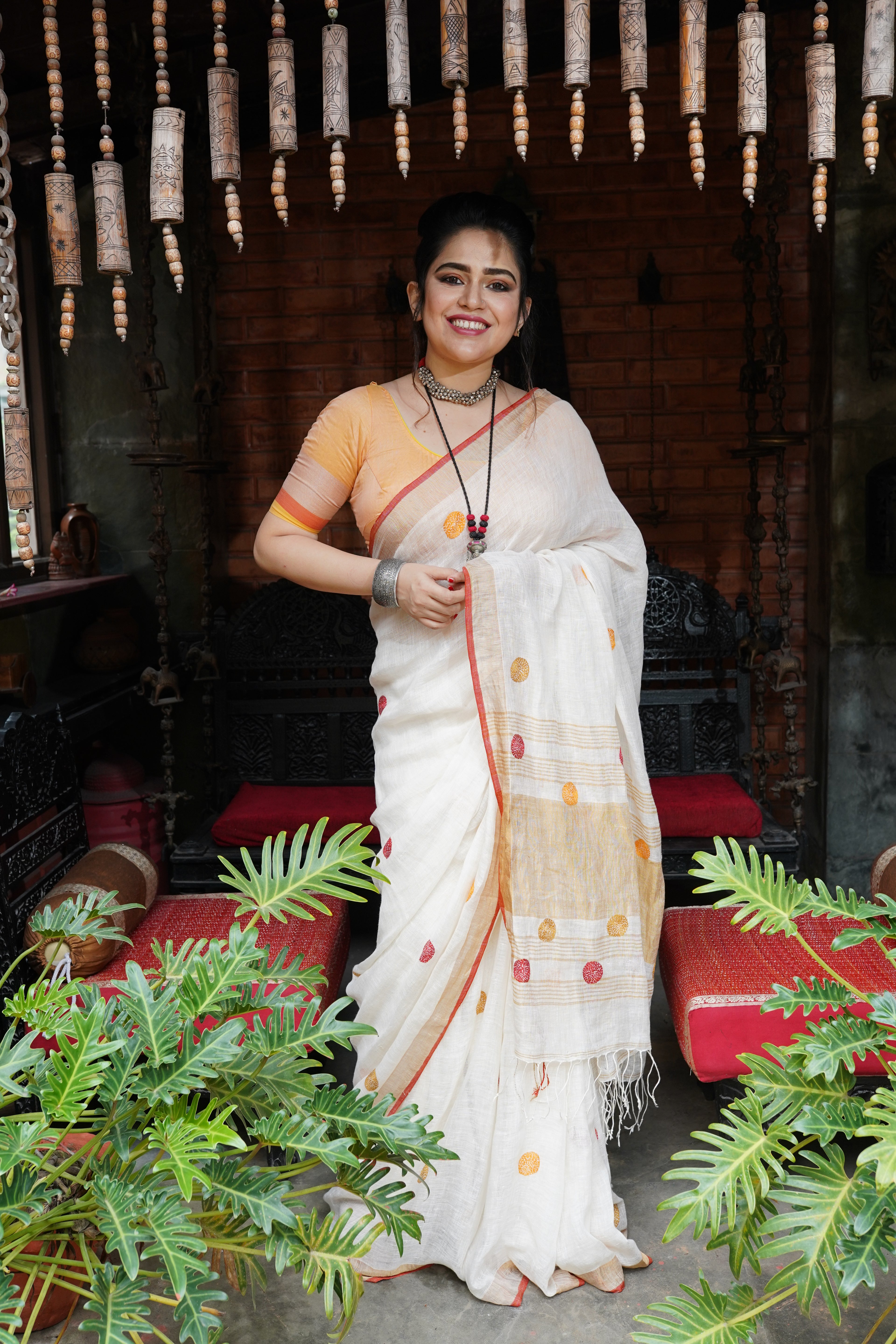White linen Saree with Niddle work - Aankona