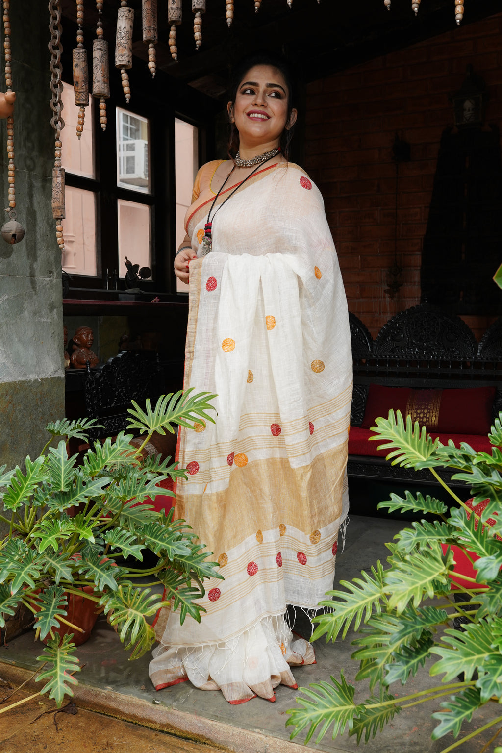 White linen Saree with Niddle work - Aankona