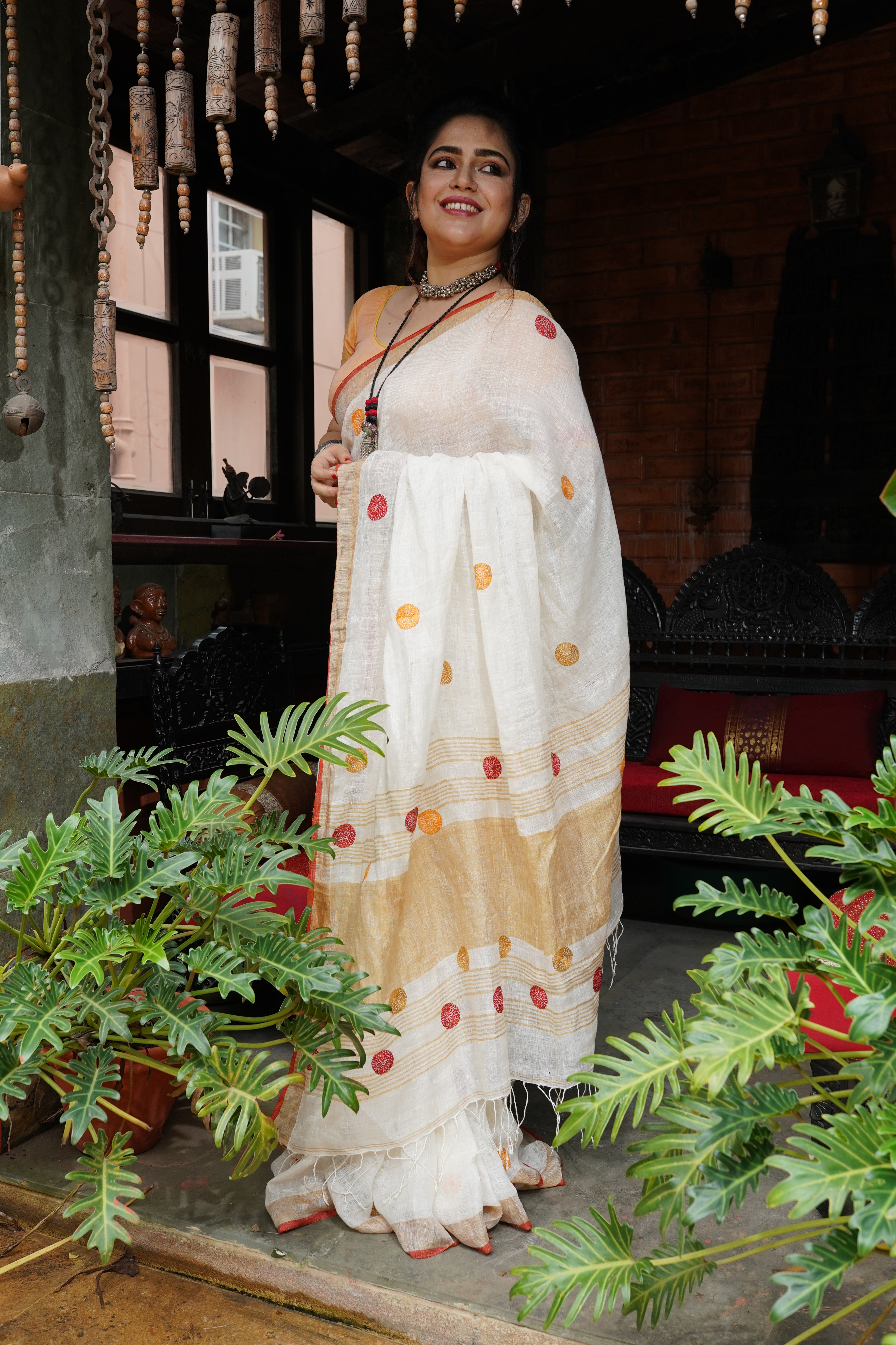 White linen Saree with Niddle work - Aankona