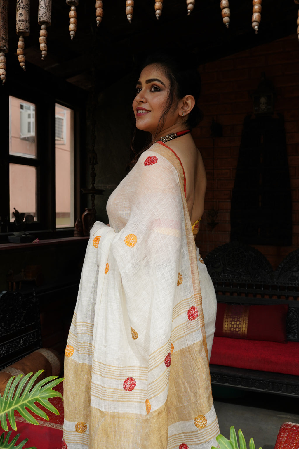 White linen Saree with Niddle work - Aankona