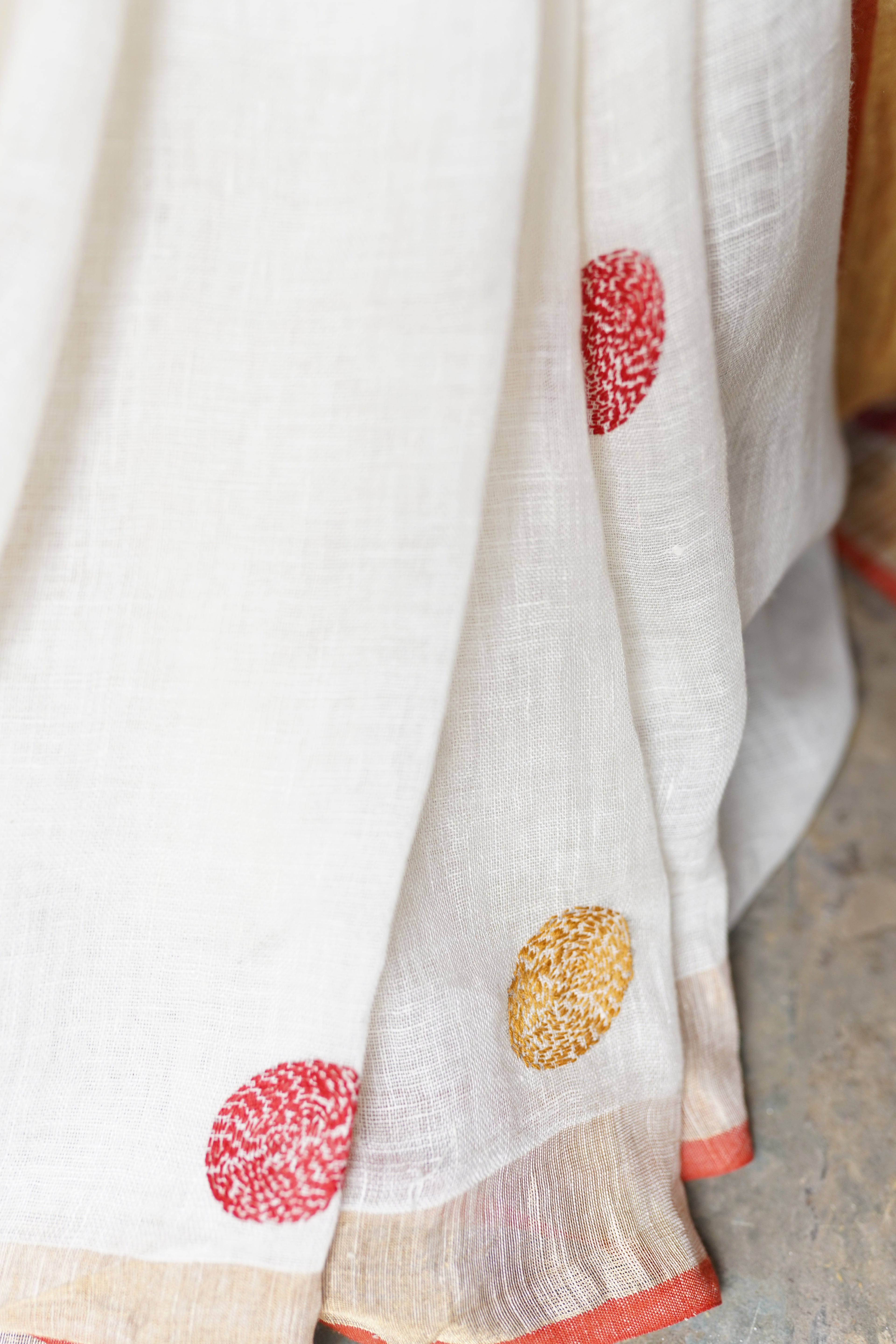 White linen Saree with Niddle work - Aankona