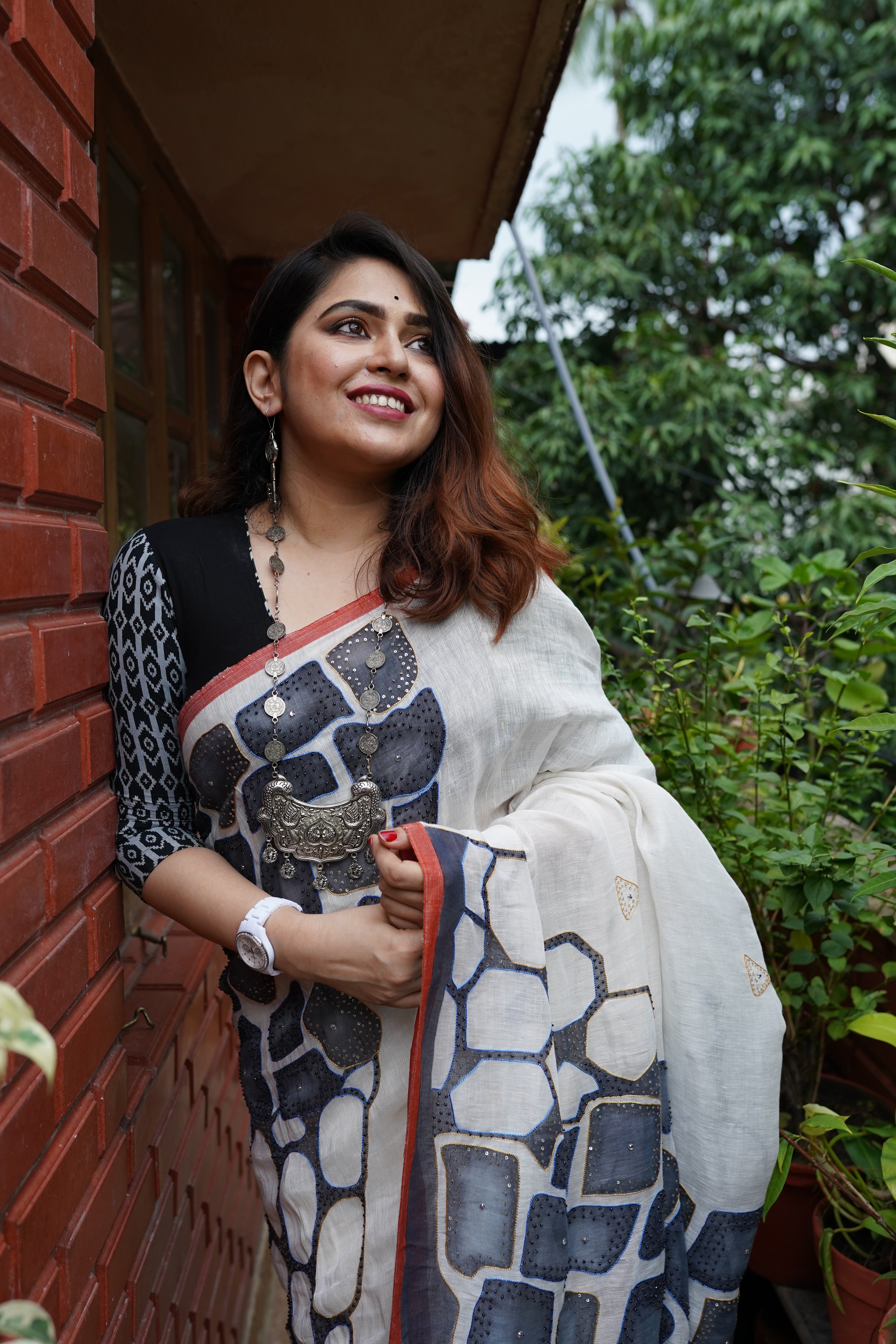White Linen saree with Ari work - Aankona