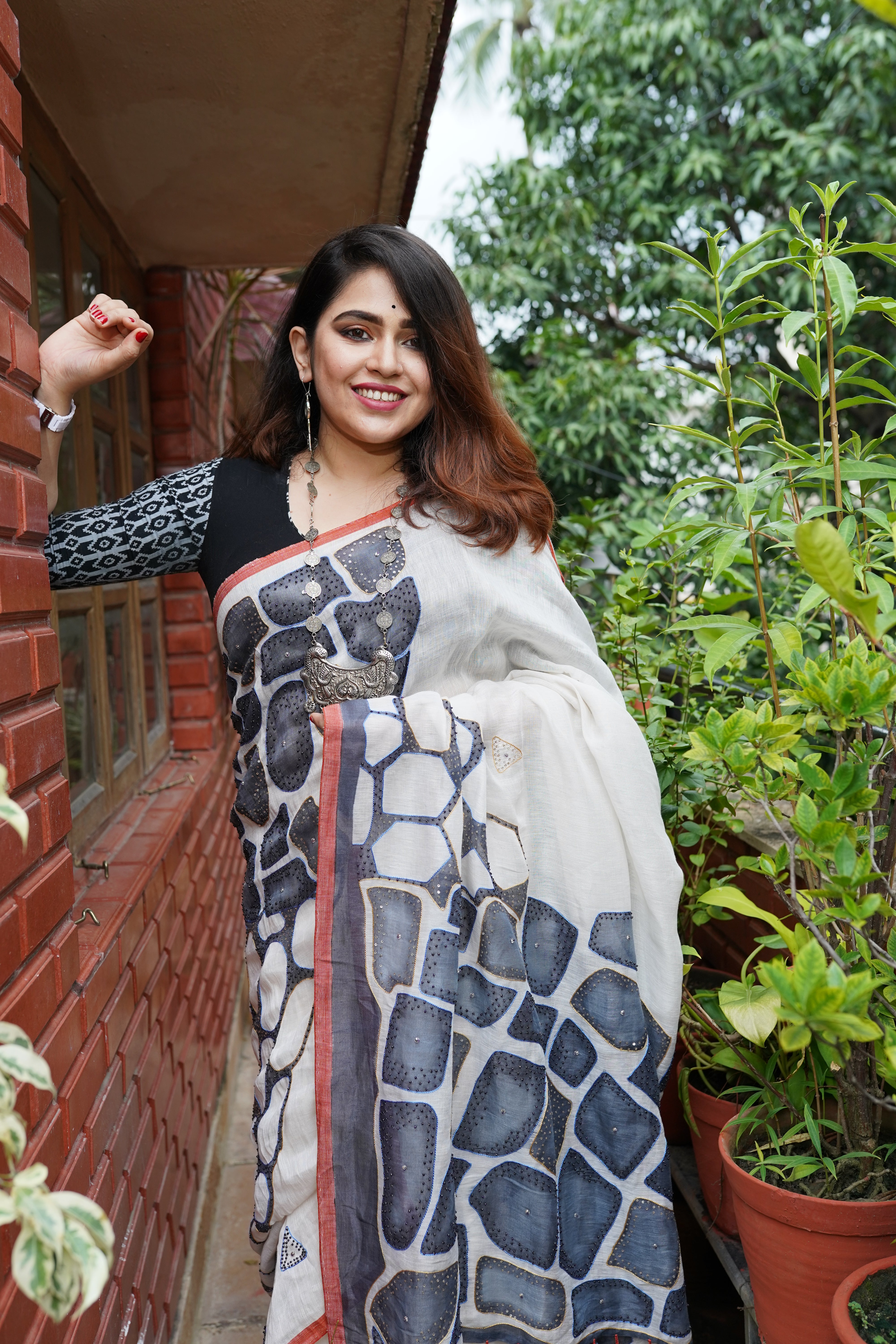 White Linen saree with Ari work - Aankona