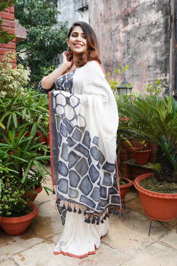 White Linen saree with Ari work - Aankona
