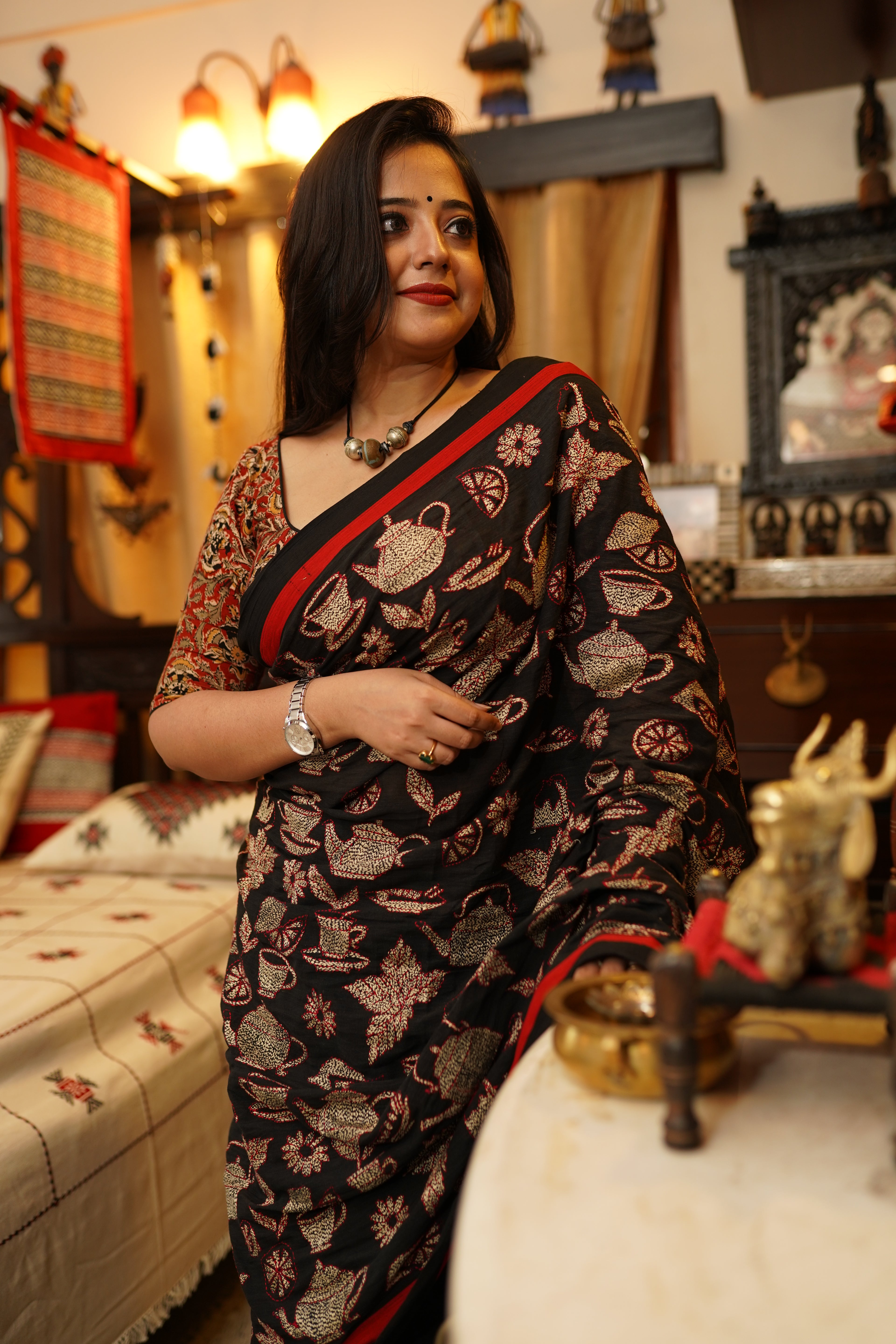 Black Cotton Kantha saree - Aankona