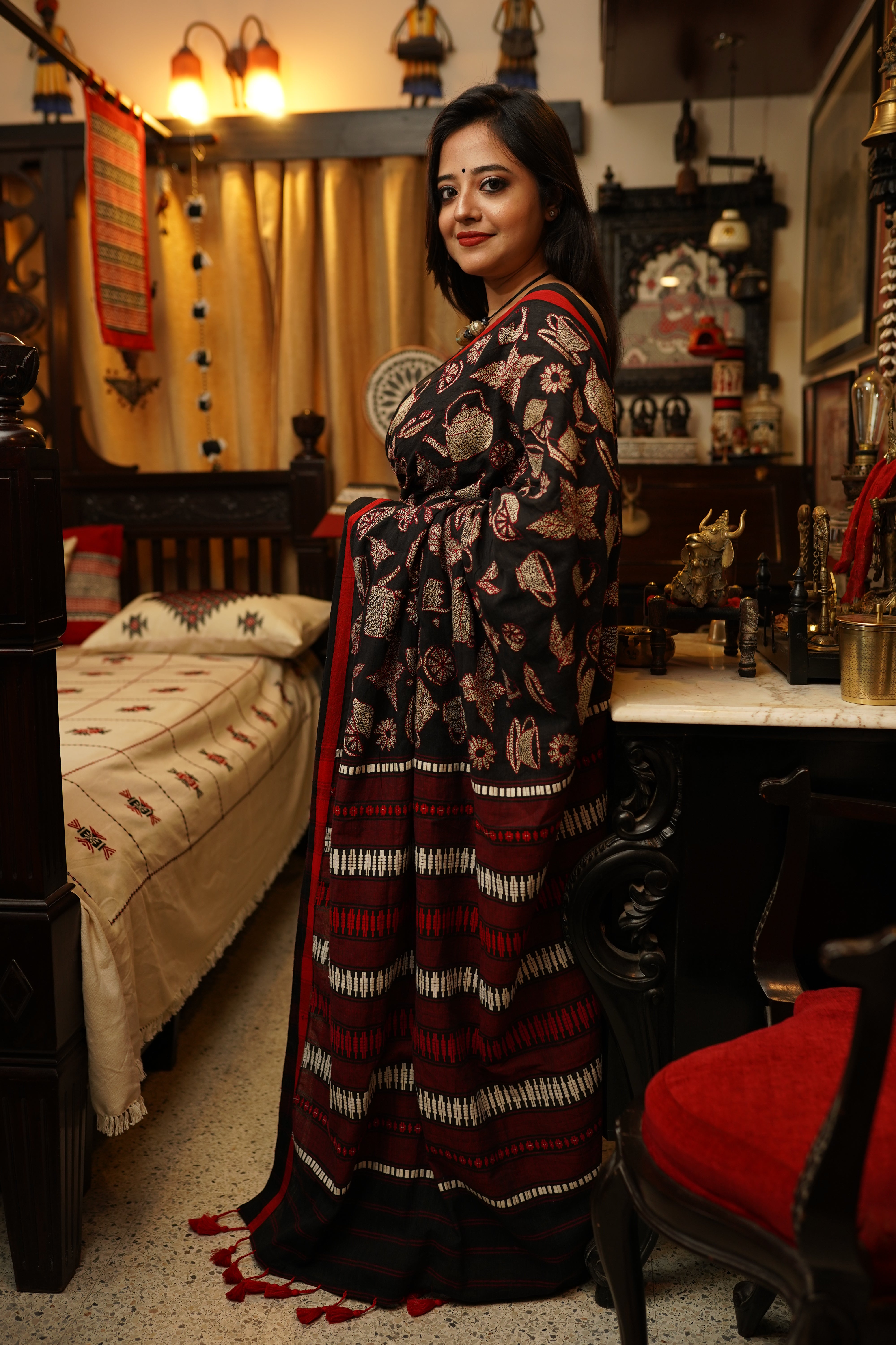 Black Cotton Kantha saree - Aankona