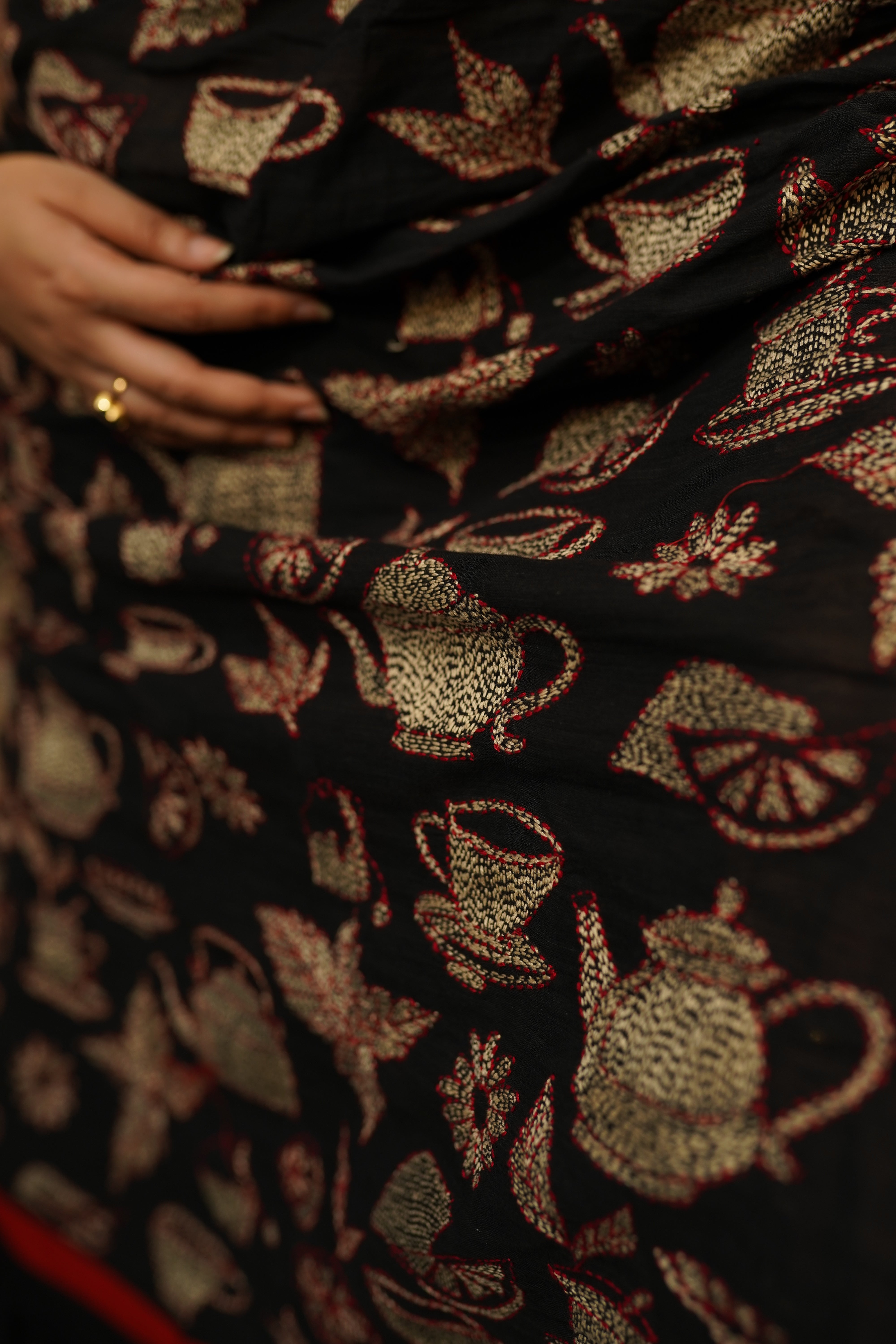 Black Cotton Kantha saree - Aankona