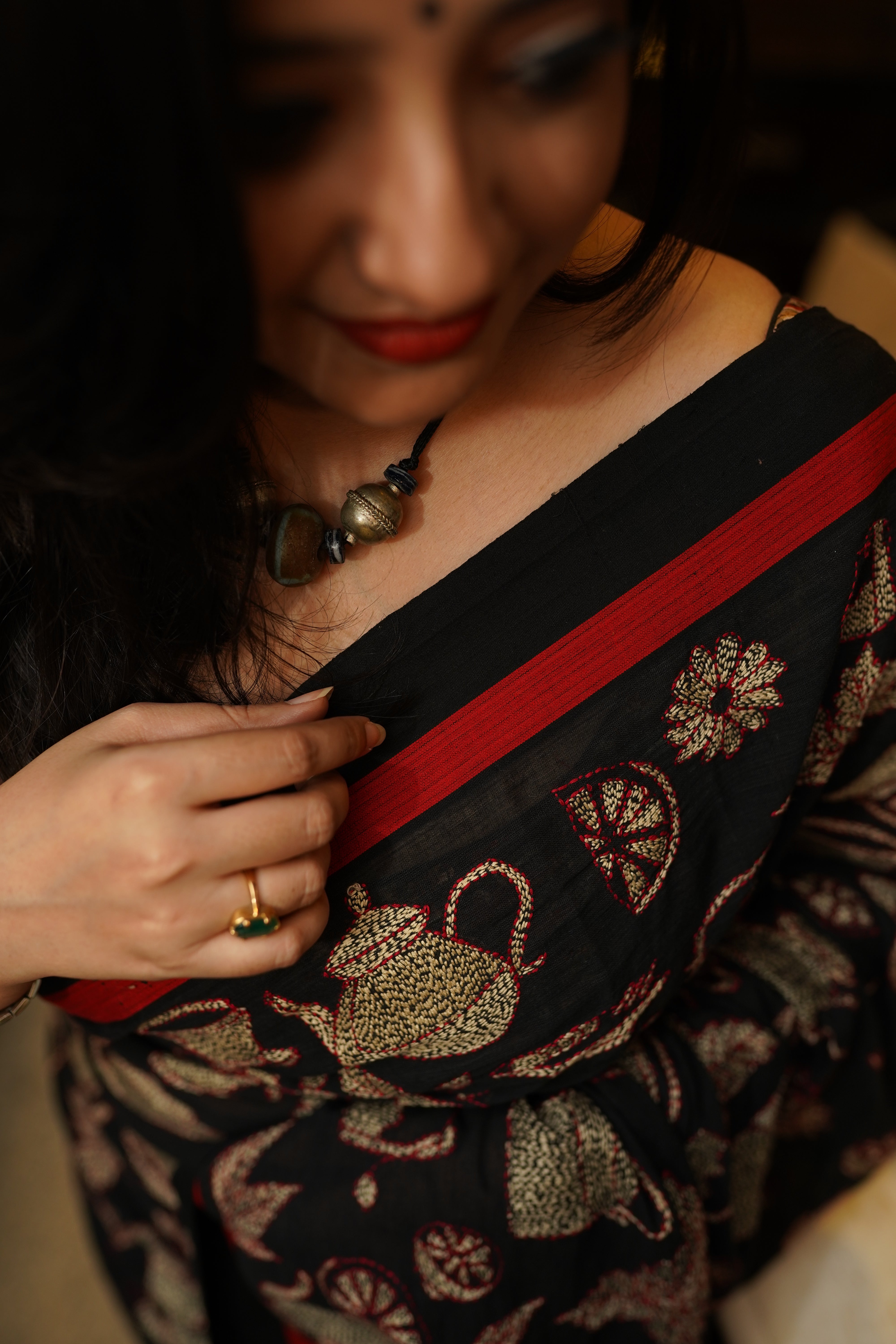 Black Cotton Kantha saree - Aankona