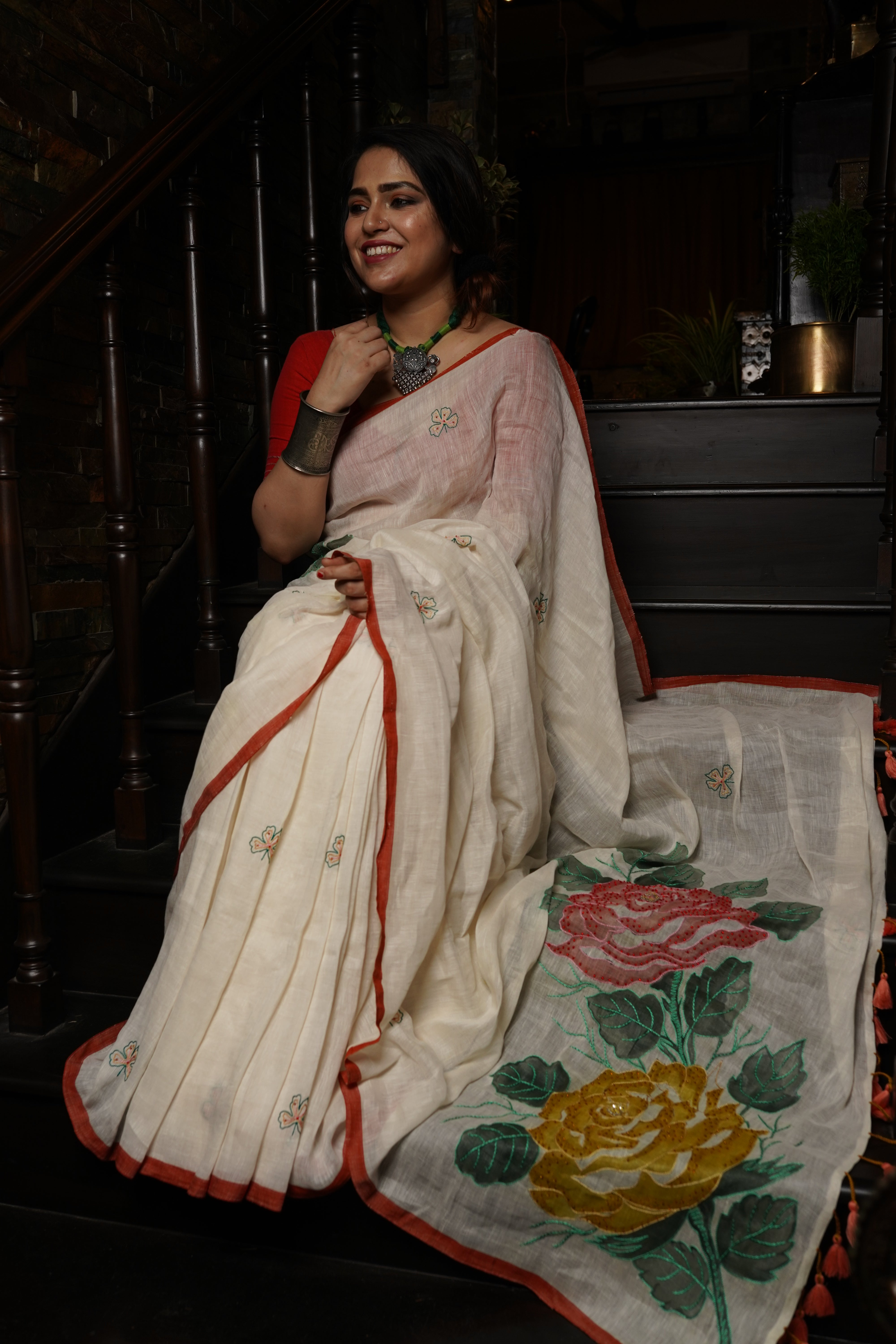 White Linen saree with kantha work - Aankona