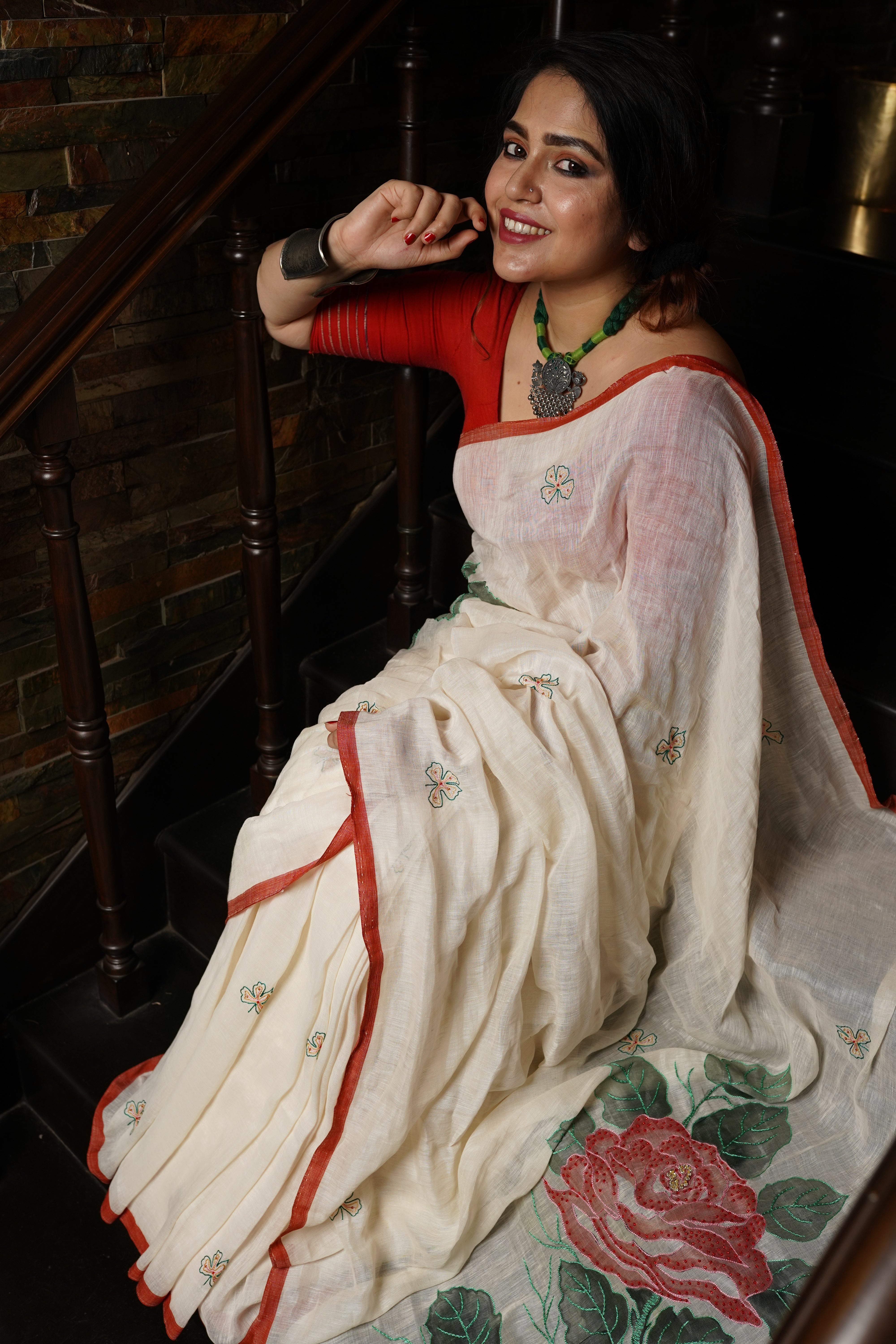 White Linen saree with kantha work - Aankona