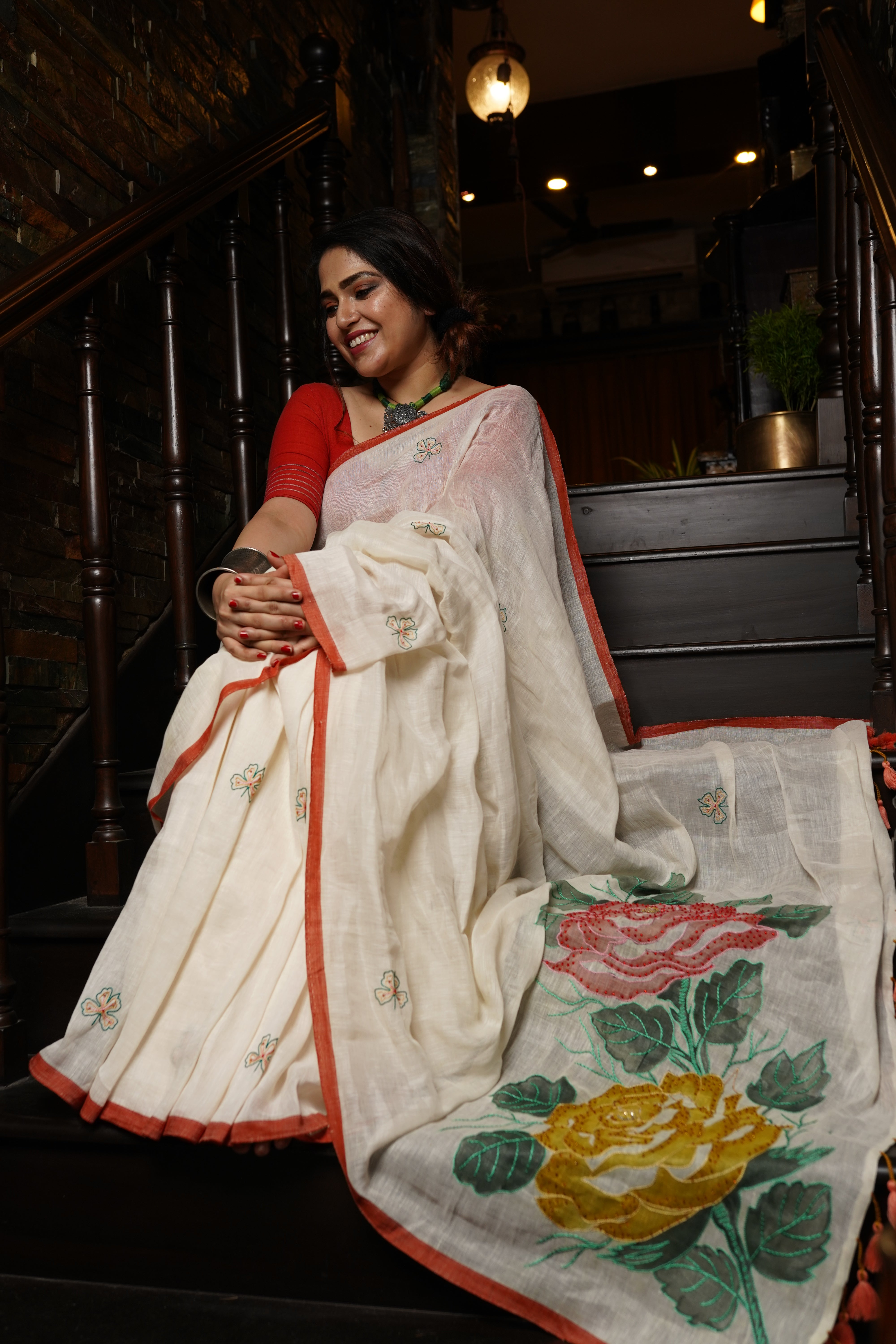 White Linen saree with kantha work - Aankona