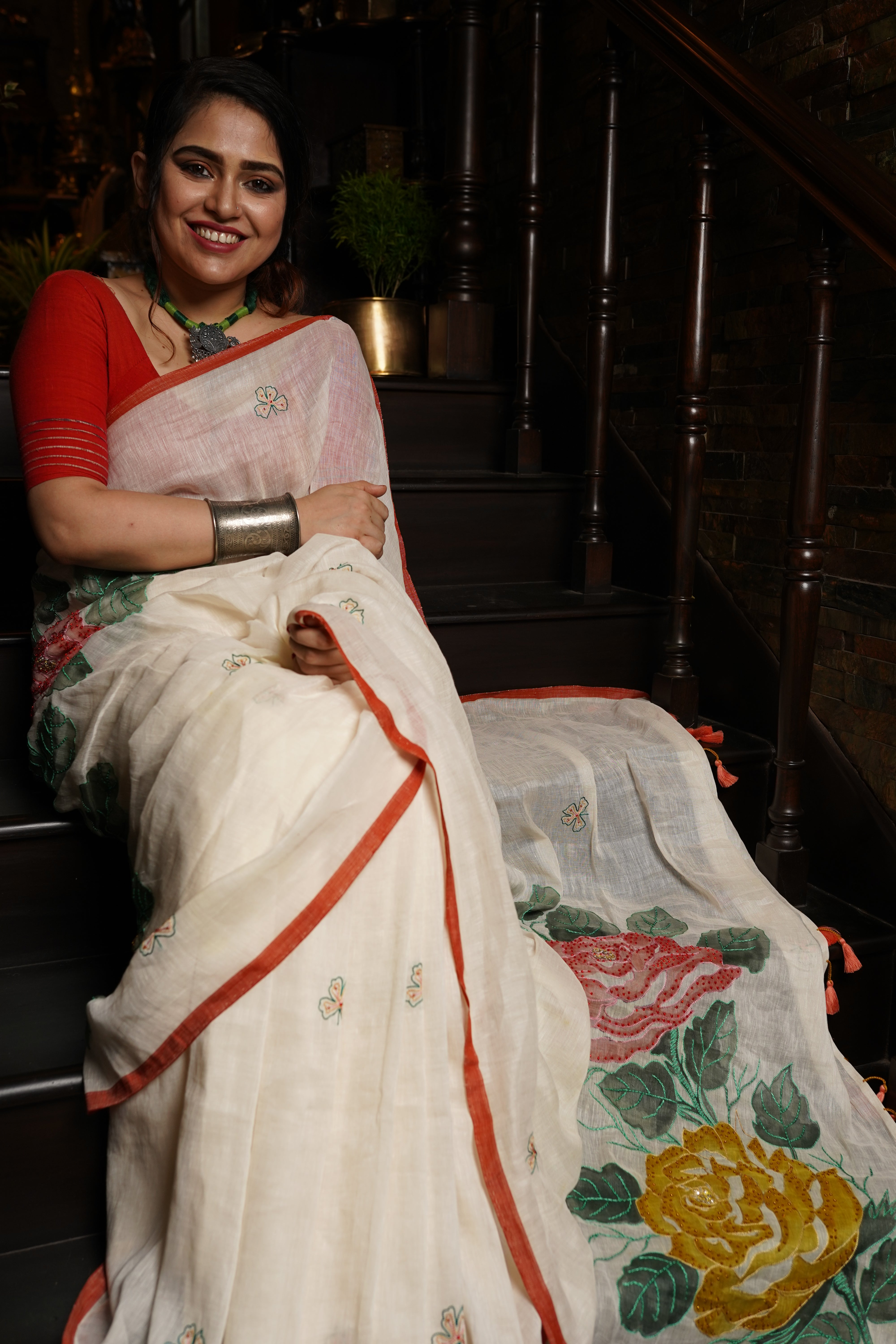 White Linen saree with kantha work - Aankona