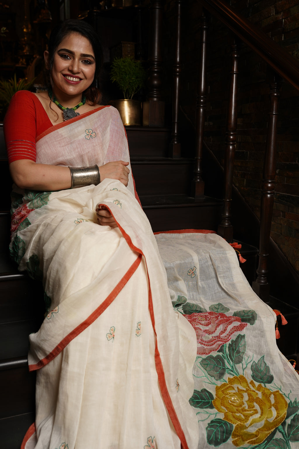 White Linen saree with kantha work - Aankona