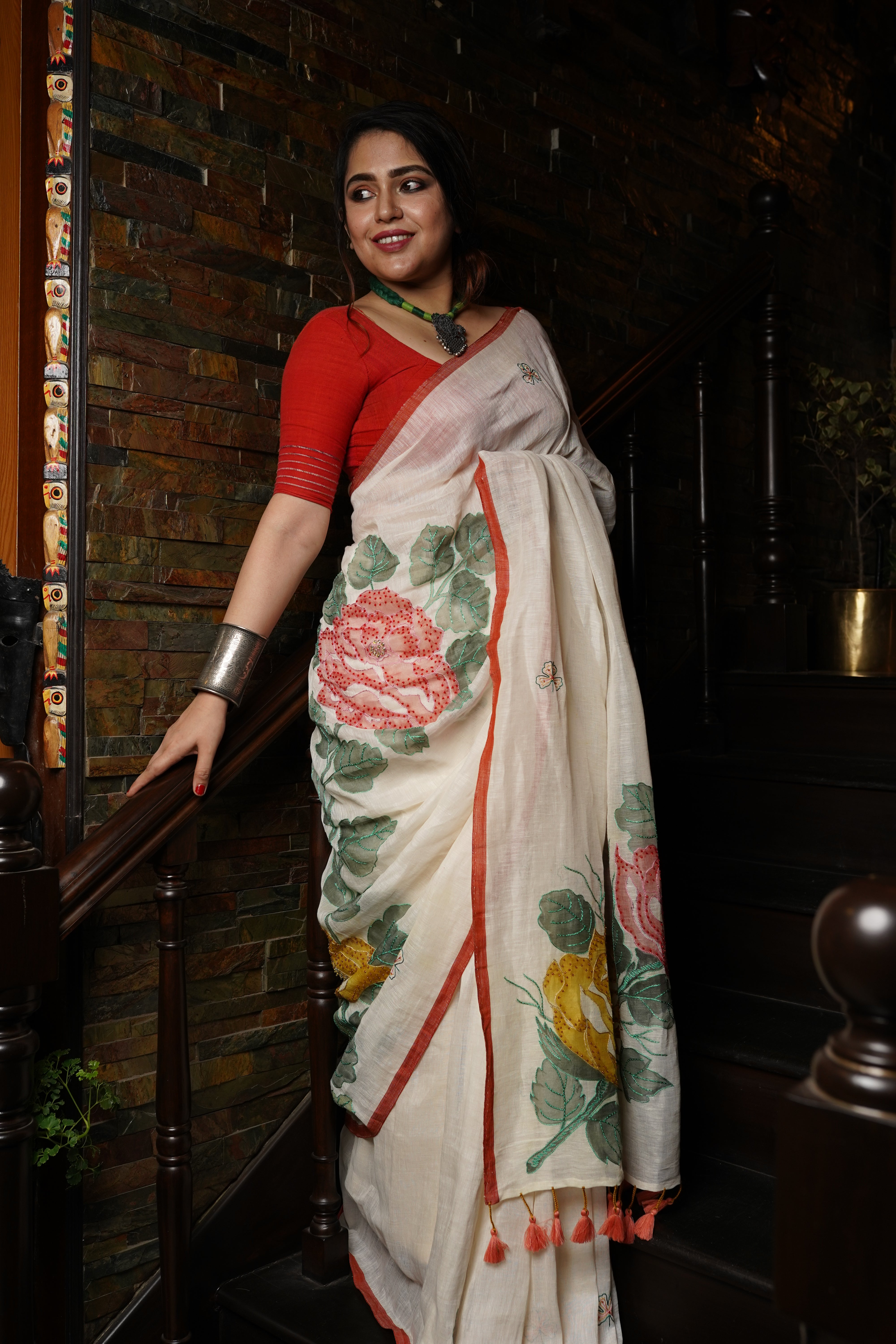 White Linen saree with kantha work - Aankona