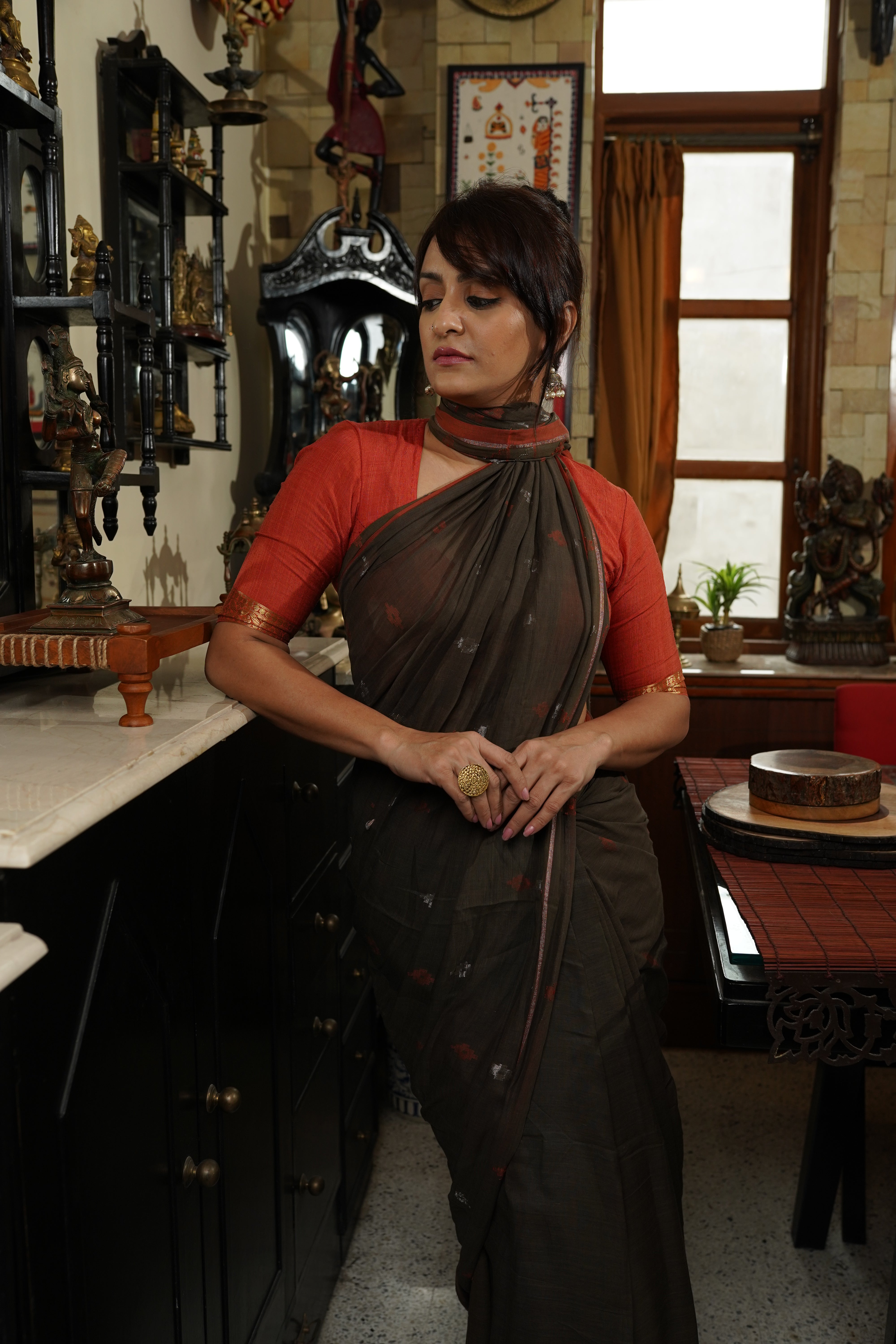 Handwoven Brown  Khadi Jamdani Saree