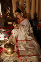 Handwoven White Cotton Saree With Red Border